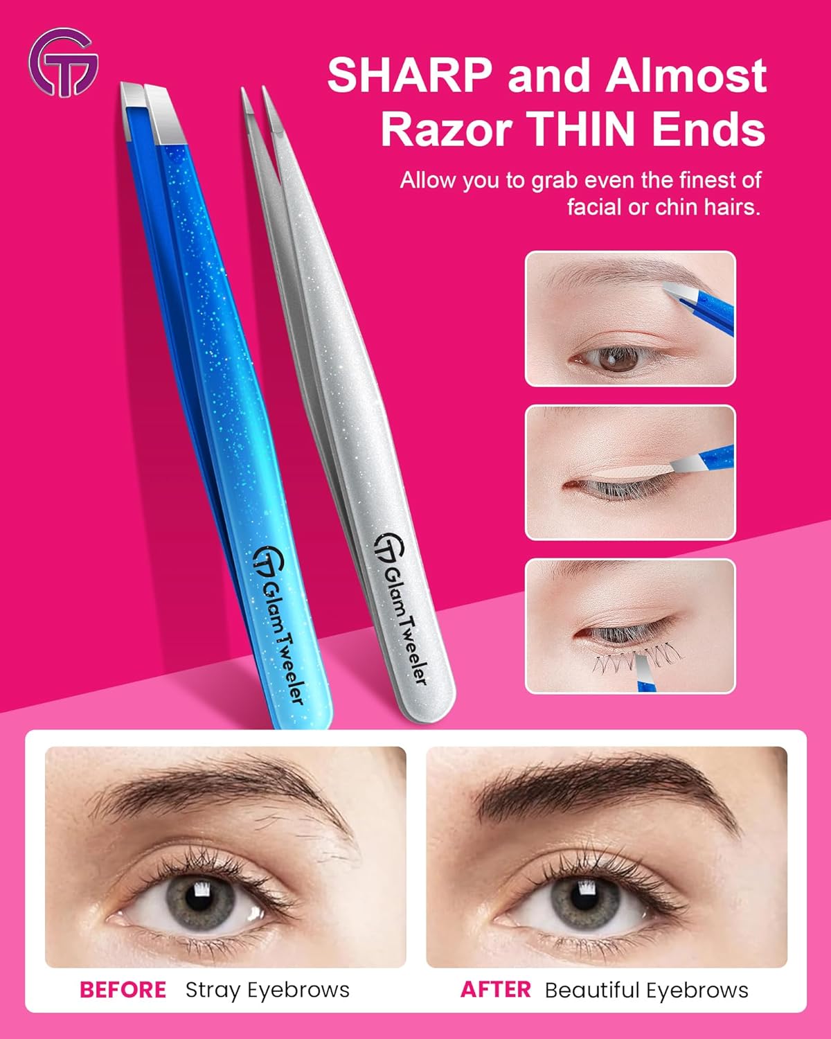 Expert Slant and Point Tip Tweezer Set with Exclusive Storage & Carrying Case, GlamTweeler Sharp & Precision Tweezer Set for Eyebrows, Facial Hairs & Fine Hairs Removal (Sparkle Royal Blue + Silver)