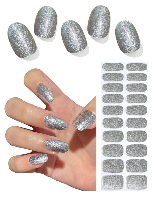 Semi Cured Gel Nail Strips, 20pcs Diamond Glitter Gel Nail Stickers UV for Home Nails DIY