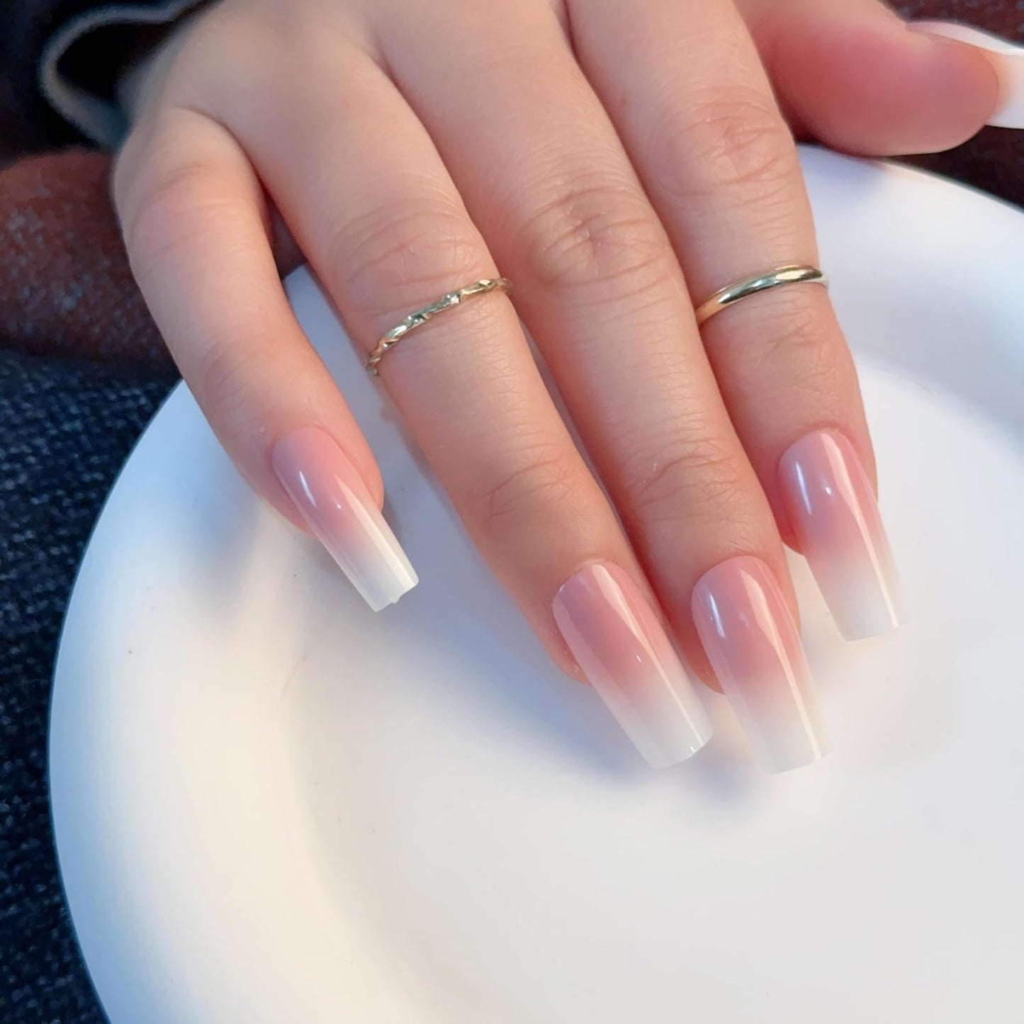 Ombre Press On Nails - 240Pcs Short Square False Nails Kit, Pink White Gradient Nail Tips Soft Gel False Nail with Glue Salon Fake Nails Kit Extensions DIY (Medium Long Square)