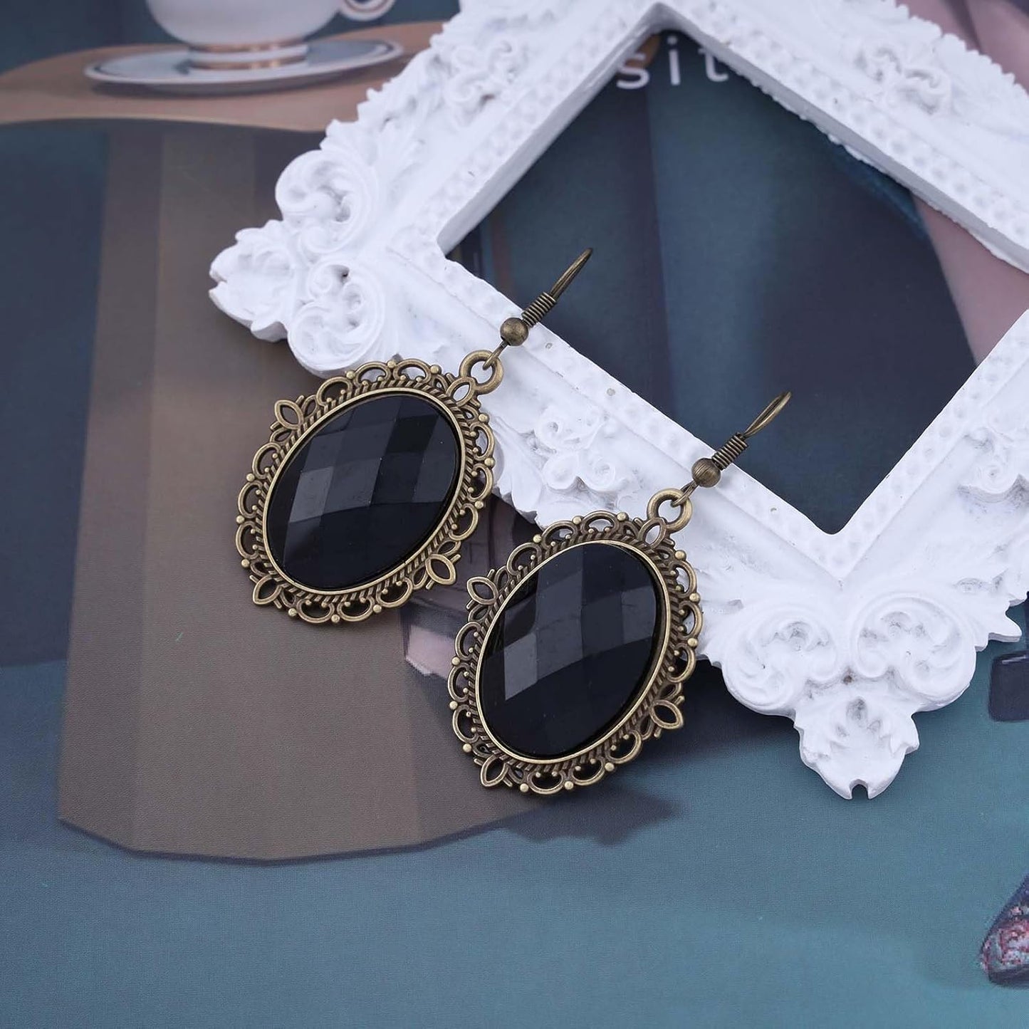 Vintage Black Crystal Drop Earrings Oval Onyx Dangle Earrings Large Onyx Stud Earrings Black Gem Hook Earrings Jewelry for Women and Girls