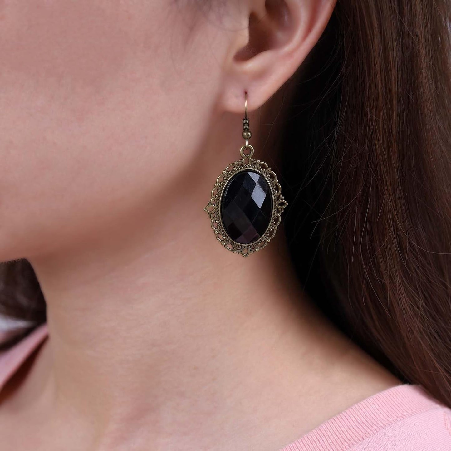 Vintage Black Crystal Drop Earrings Oval Onyx Dangle Earrings Large Onyx Stud Earrings Black Gem Hook Earrings Jewelry for Women and Girls