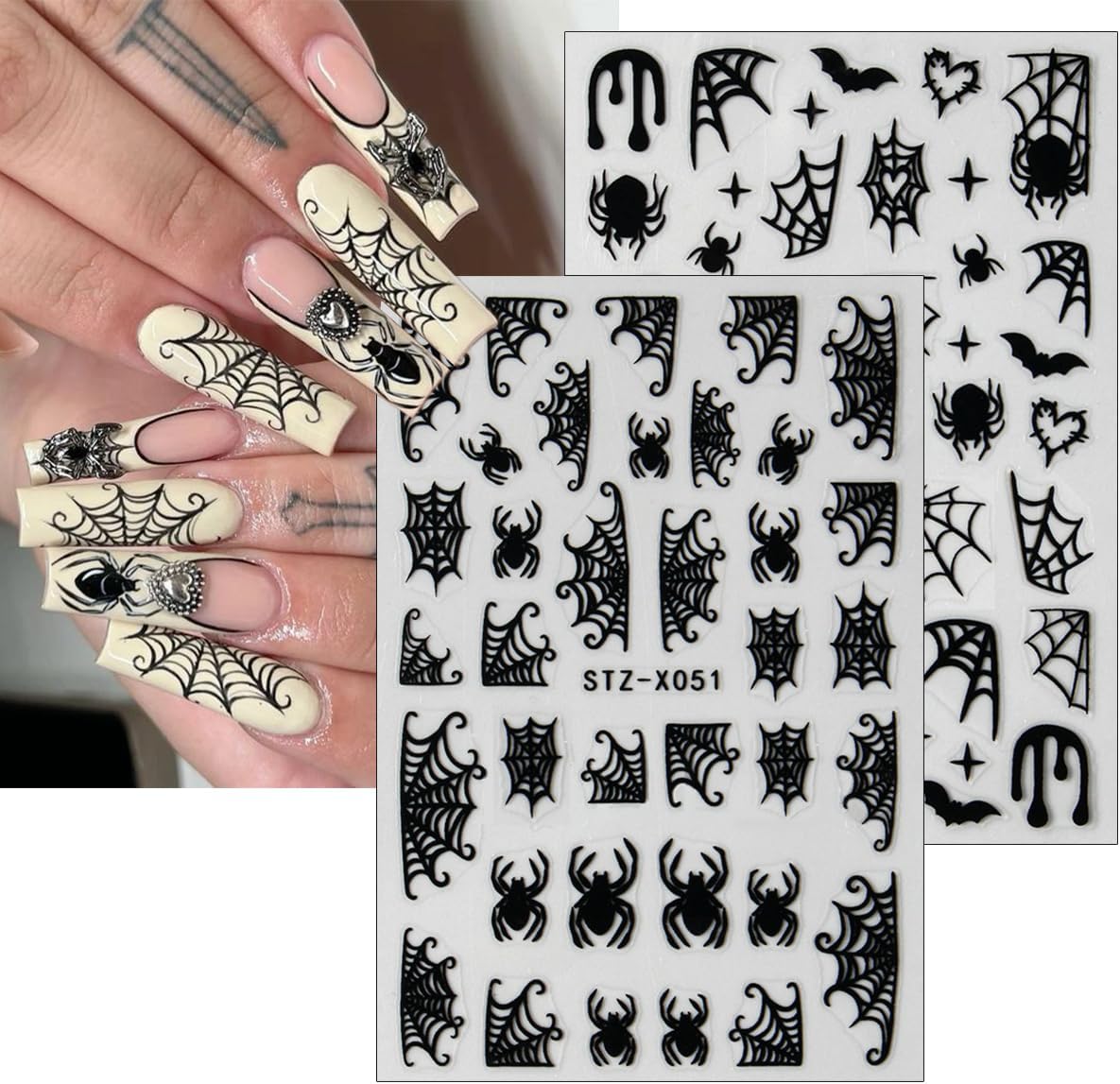 8Sheets Halloween Nail Art Stickers Spider Web Nail Stickers for Nail Art 3D Self-Adhesive Nail Decals Gold Silver Black White Glitter Spiderweb Bat Spiders Nail Design Halloween Manicure Accessories