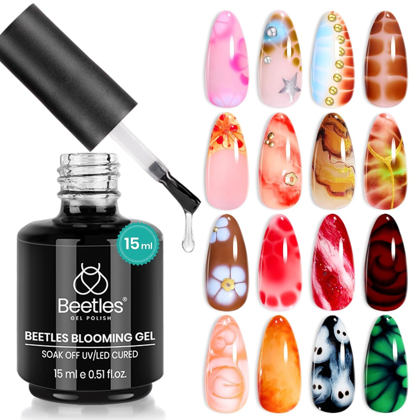 Beetles Blooming Gel 15ml Clear Uv Led Blossom Fall Halloween Nails Gel Polish for Spreading Effect Marble Natural Stone Watercolor Floral Print Soak off Diy Nail Art Design Manicure Gift for Women
