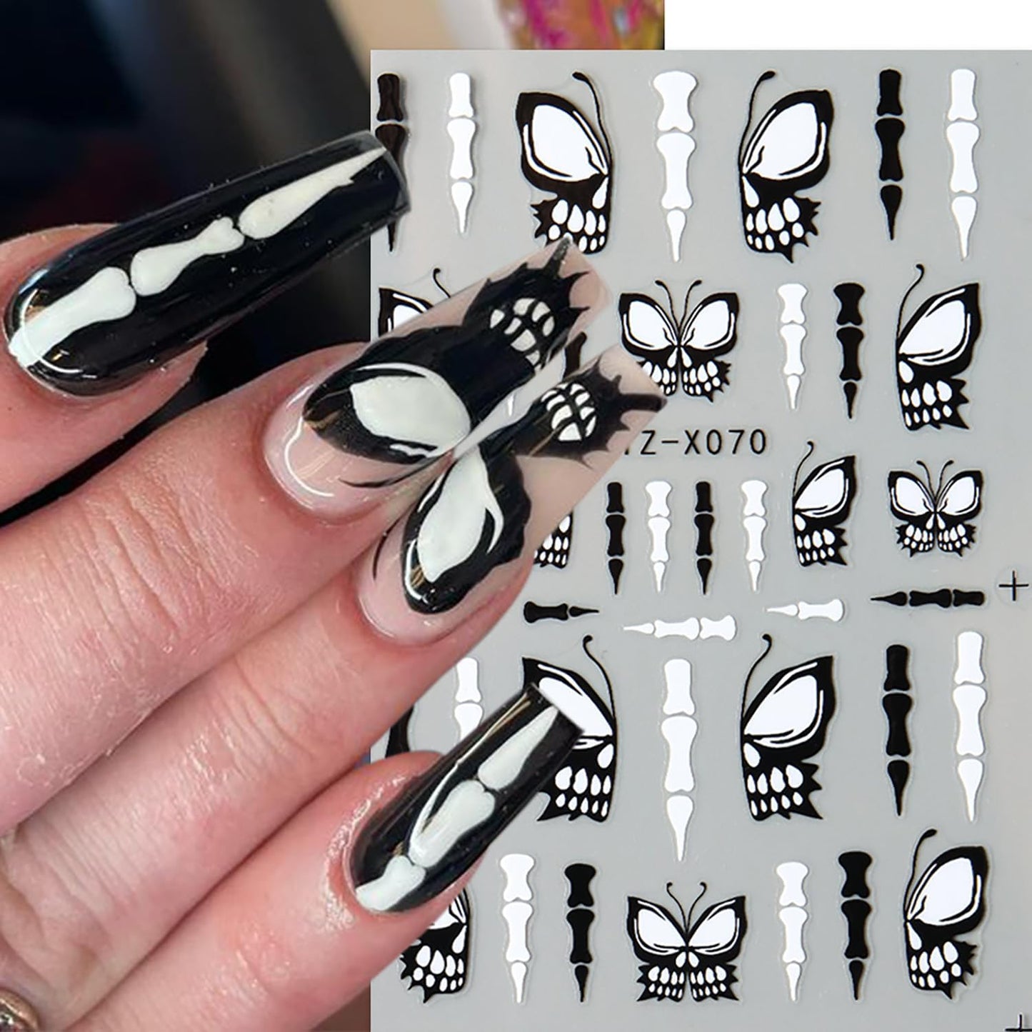 Spooky Halloween Art Nail Stickers Decals Gold Skull Nail Decals 6PCS 3D Self-Adhesive Glitter Spider Web Heart Skeleton Butterfly Design Supply Gothic Festive Stickers for Women DIY Nail Decorations