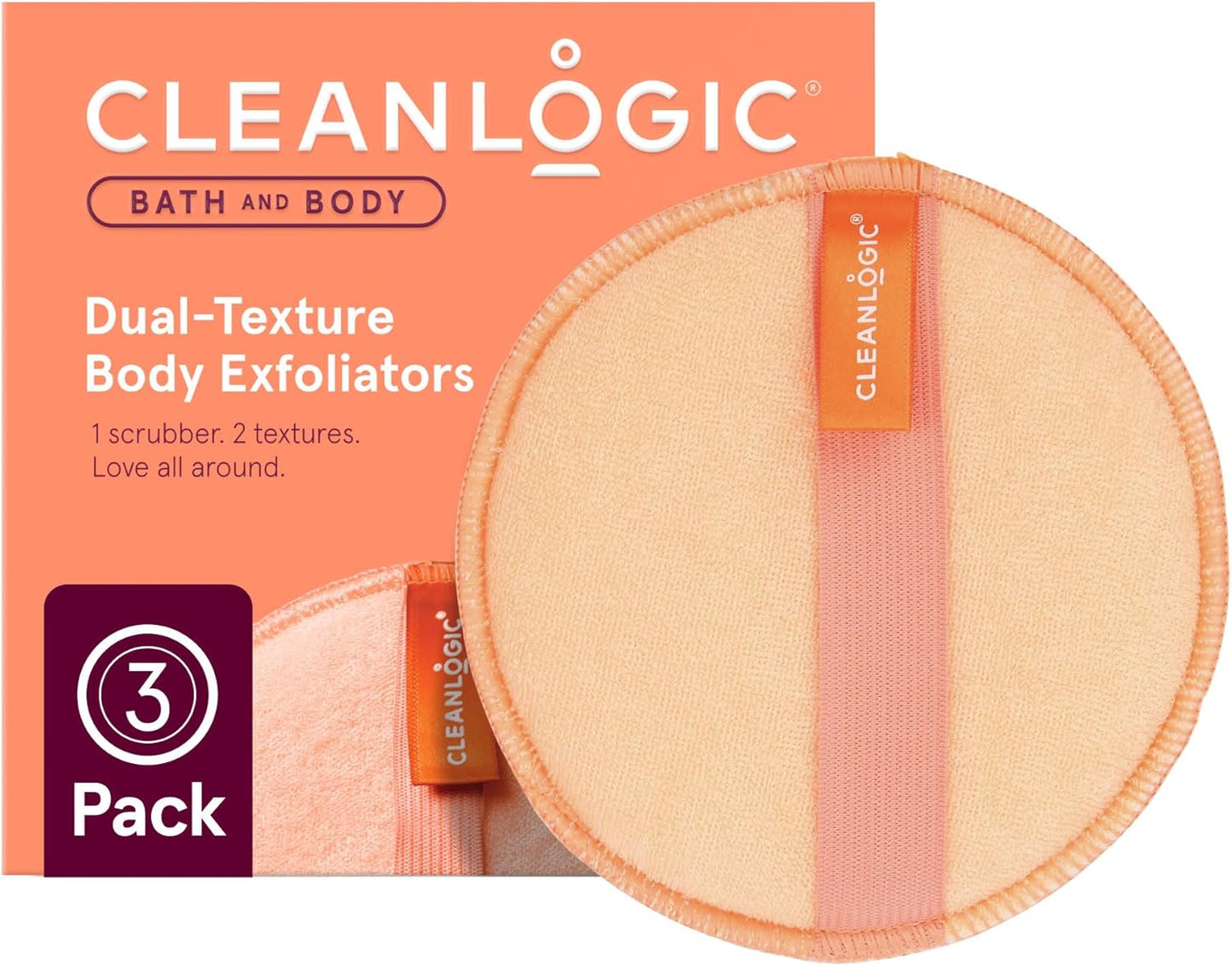Cleanlogic Bath and Body Exfoliating Body Scrubber, Dual-Texture Round Exfoliator Tool for Smooth, Clean Skin, Daily Skincare Routine, 3 Count Value Pack