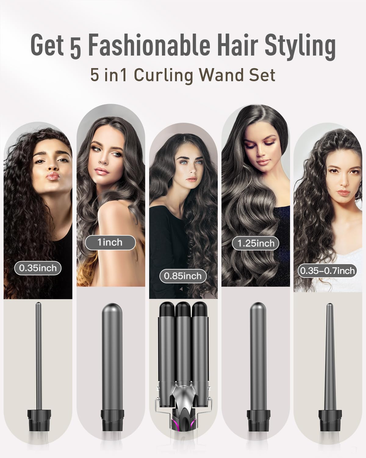 BESTOPE PRO 5 in 1 Curling Wand Set - 3 Barrel Hair Crimper, Fast Heating Ceramic Curling Iron - Gray