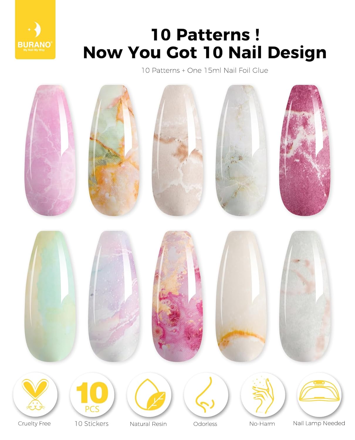 BURANO Nail Art Nail Foil Glue Gel, o.5 oz with 10PCS Foil Stickers Set Nail Foil Glue for Nails Foil Transfer Gel, Nail Design Home DIY UV LED Lamp Required (Marble Glitter) 22