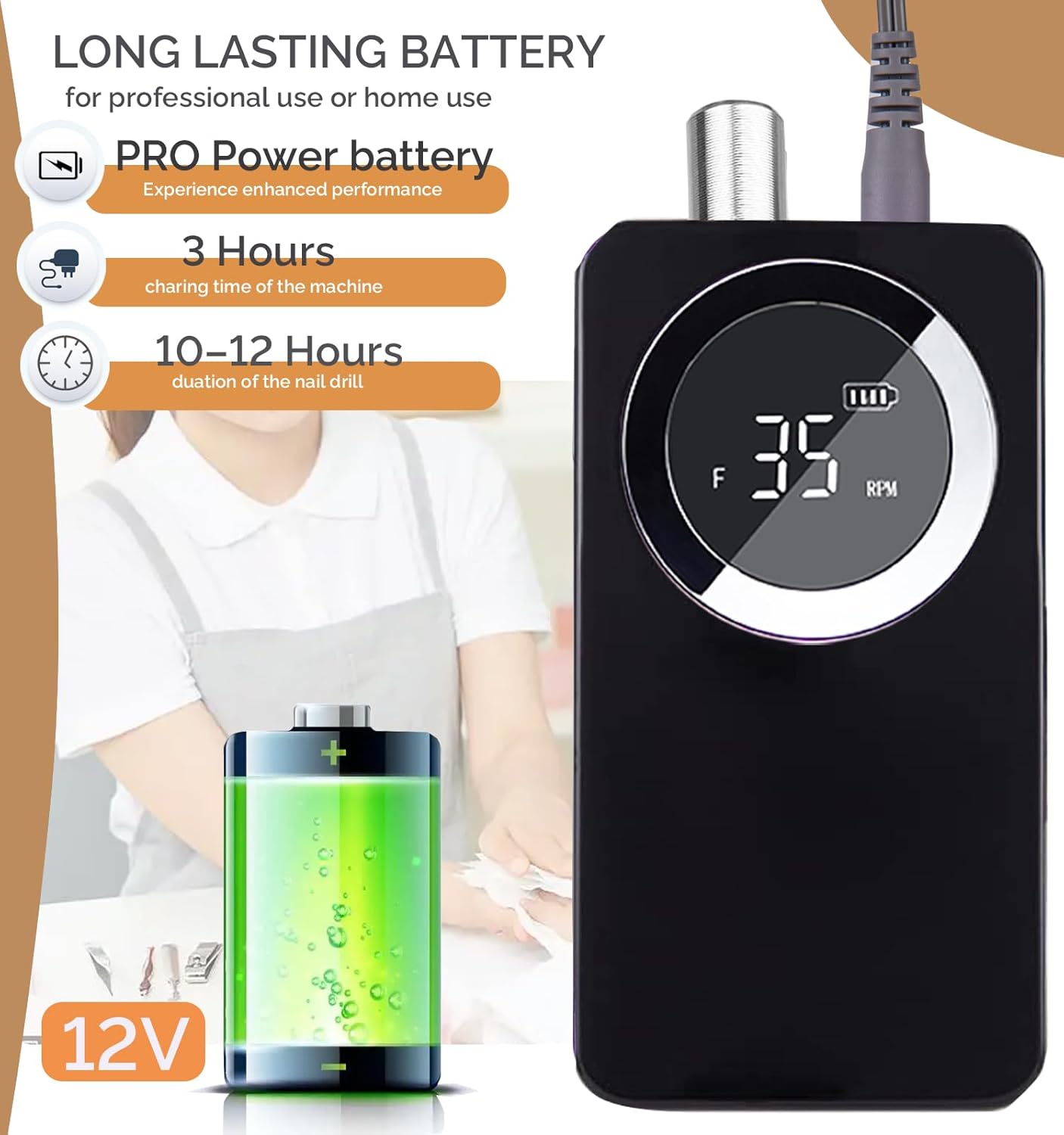 Professional Cordless Electric Nail Drill Kit – 35000 RPM Rechargeable E File with 10+ Hour Battery, 6-in-1 Bits – Portable Acrylic Gel Remover for Salon/Home,Drills para Uñas Professional