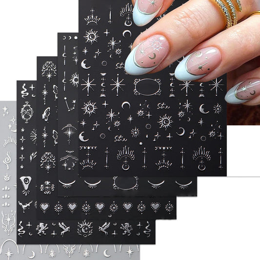 Metallic Silver Nail Art Stickers 3D Self-Adhesive Nails Stickers Bohemian Sun Moon Hexagram Butterfly Heart French Tip Decal Supplies Women DIY Silver Metal Nail Art Decoration 4Sheets