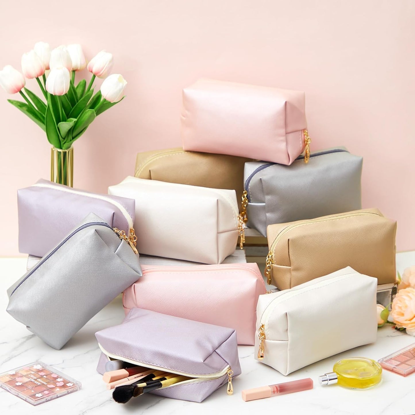 Kigeli 15 Pcs Aesthetic Makeup Bags PU Leather Cosmetic Pouches Waterproof Plain Toiletry Bags Makeup Pouches Bulk for Women Party Gift Travel Storage Organizer(Bright Color)