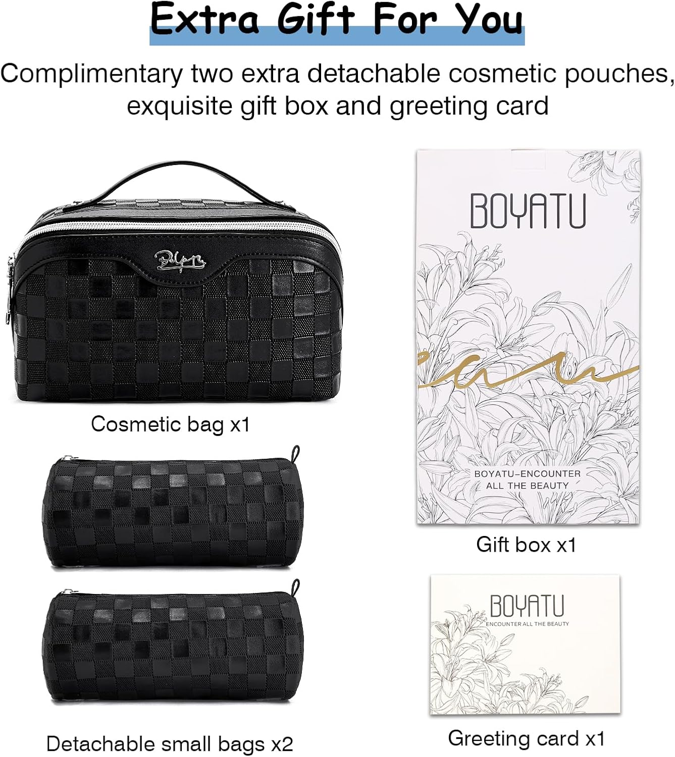 BOYATU Travel Makeup Bags for Women: Vegan Leather Cosmetic Bag Set of 3 - Large Capacity Make up Bag with Divider - Wide Open Waterproof Toiletry Organizer Bag with Handle (L13-Black)
