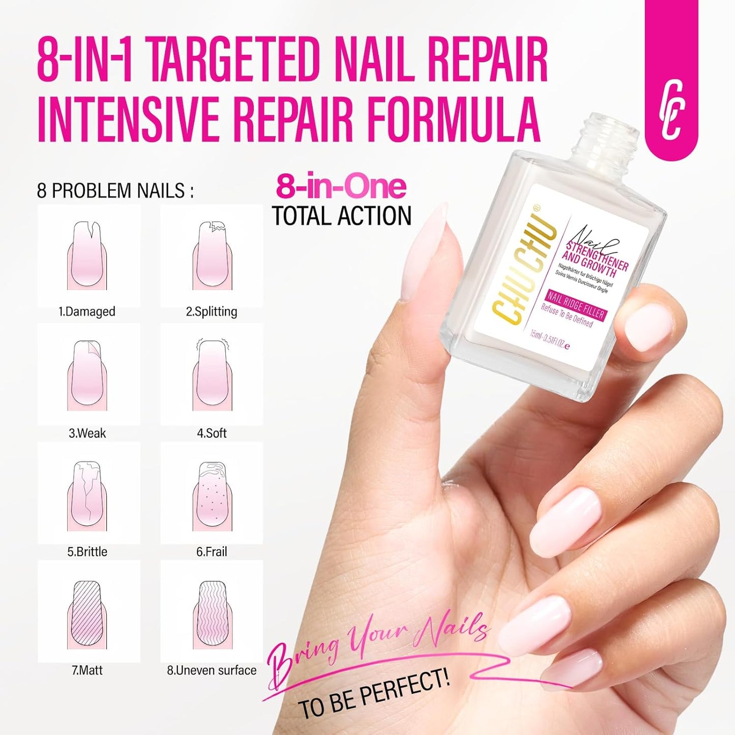 CHUCHU Nail Repair for Women: 15ML Milky White Nail Strengthener Hardener Extra Strong and Growth - Protein Ridge Filler Polish for Beginners Home Salon Gift