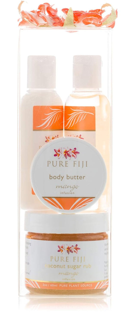 Pure Fiji Spa Gifts for Women and Man - Body Gift Box Include: Sugar Scrub, Bath and Body Oil, Body Butter and Body Lotion, Scent Mango