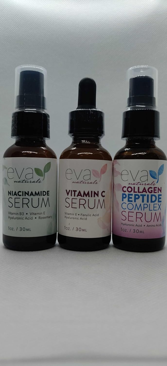 Eva Naturals Firm & Glow Serum Bundle – Vitamin C, Peptide & Niacinamide Serums – Anti-Aging Face Serum Set for Wrinkles, Glow, Pores, Hydration – Collagen Boosting Skin Care Routine