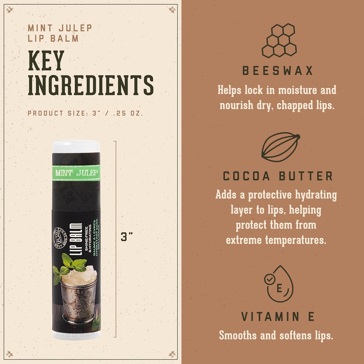 18.21 Man Made Lip Balm - Mint Julep Flavor, Lip Protectant Hydrates & Moisturizes with Beeswax, Cocoa Butter & Vitamin E - For chapped and dry lips