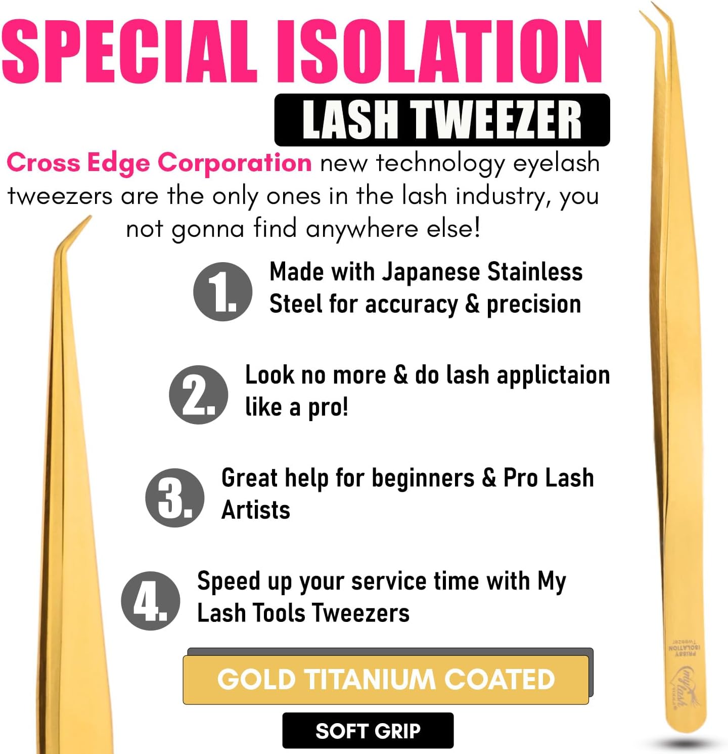 Isolation Tweezers for Eyelash Extension – 14cm Curved Lash Tweezer, Stainless Steel, Best for Individual Isolation & Classic Lashes, Pinzas para Pestaña(Gold Titanium)