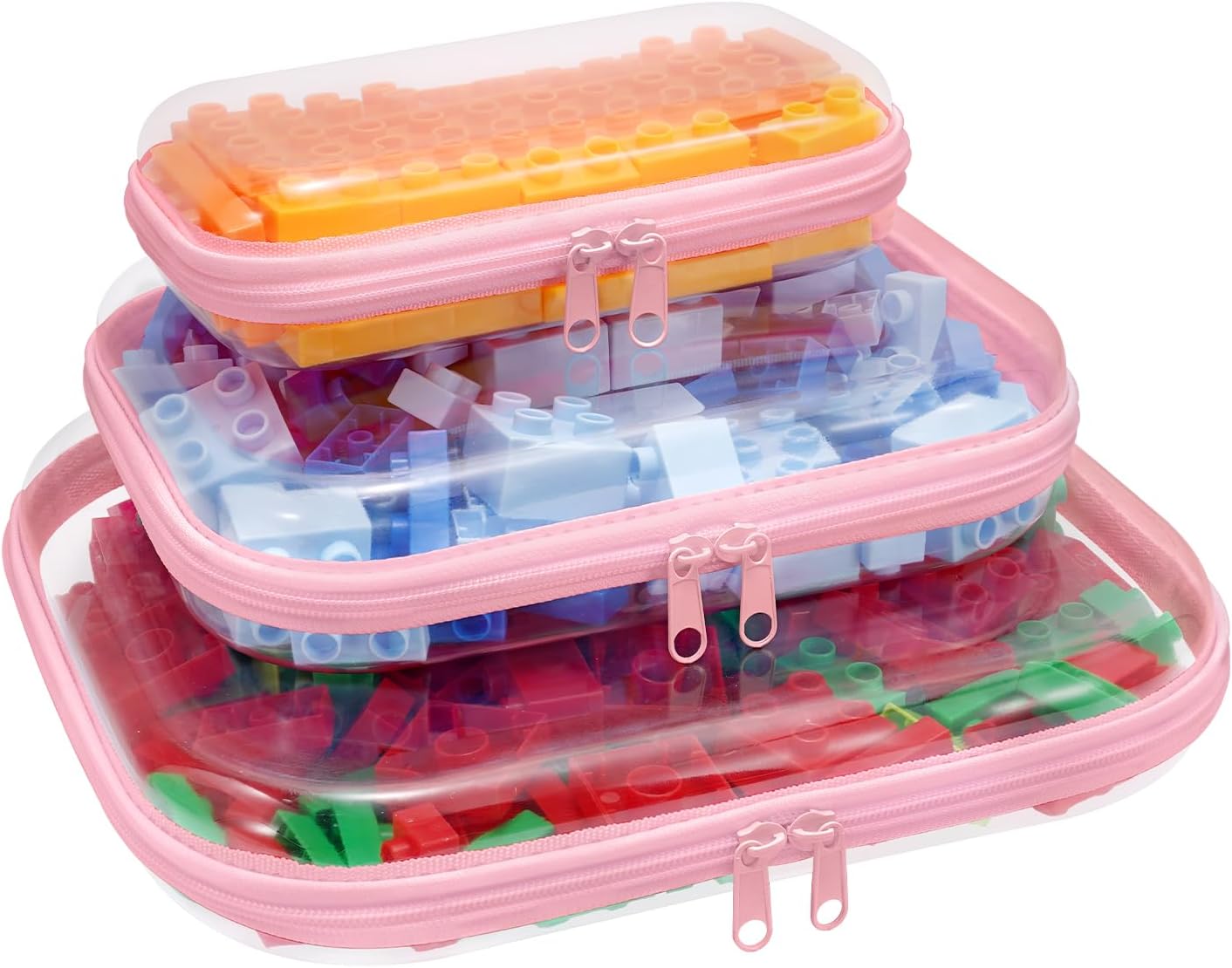 Clear Hard Plastic Zipper Case,Transparent Double Zippers Hard Pouch with 3pcs,Portable Travel Organizer Bin for Toy Storage