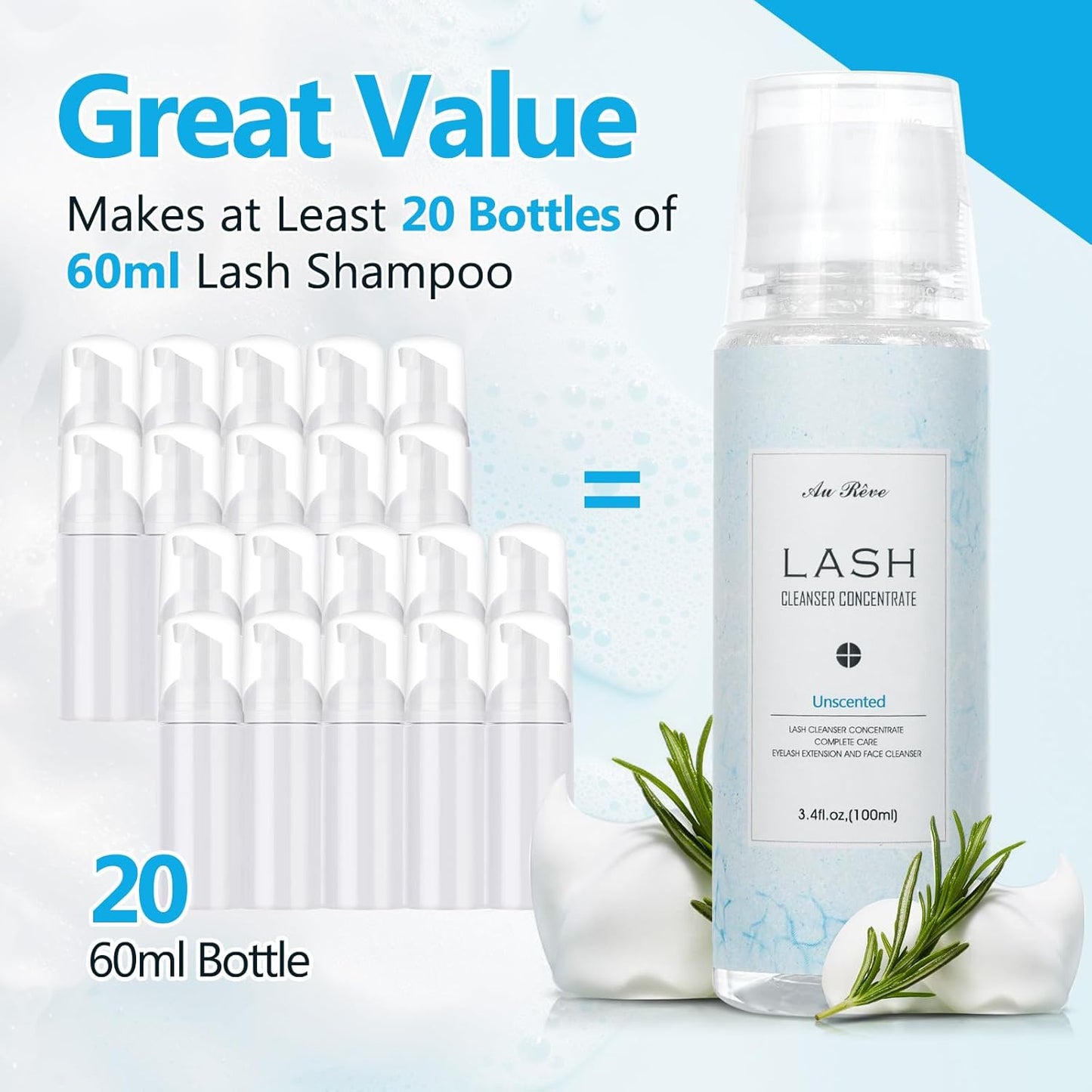 Lash Shampoo Concentrate 100ml Lash Extension Cleanser Oil-Free Eyelash Extension Shampoo with Salon Home Care -Makes 20 Bottles 60ml Lash Shampoo,Unscented