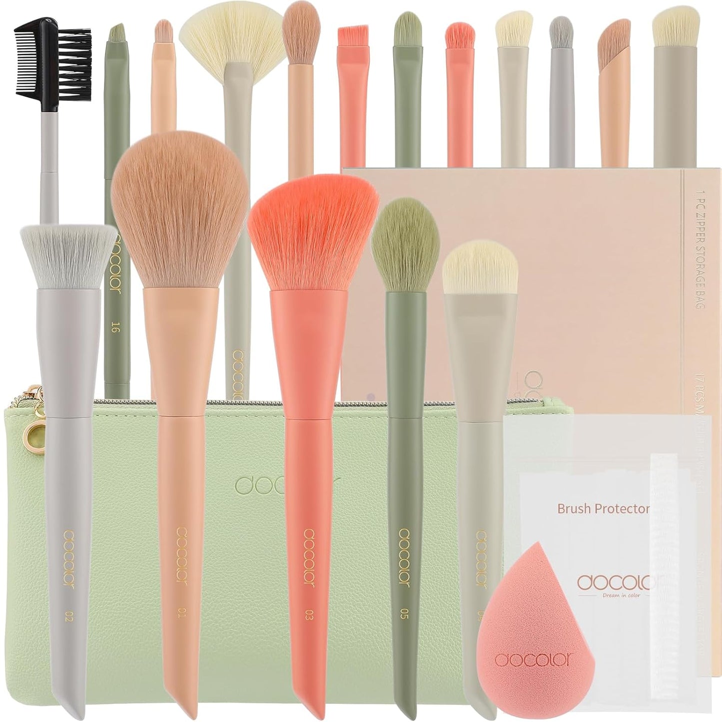 Docolor Makeup Brushes 17 Pcs with Makeup Bag and Makeup Sponge and Brush Protector Morandi Makeup Brush Set Premium Synthetic hair makeup brush Wooden handle Gift Box