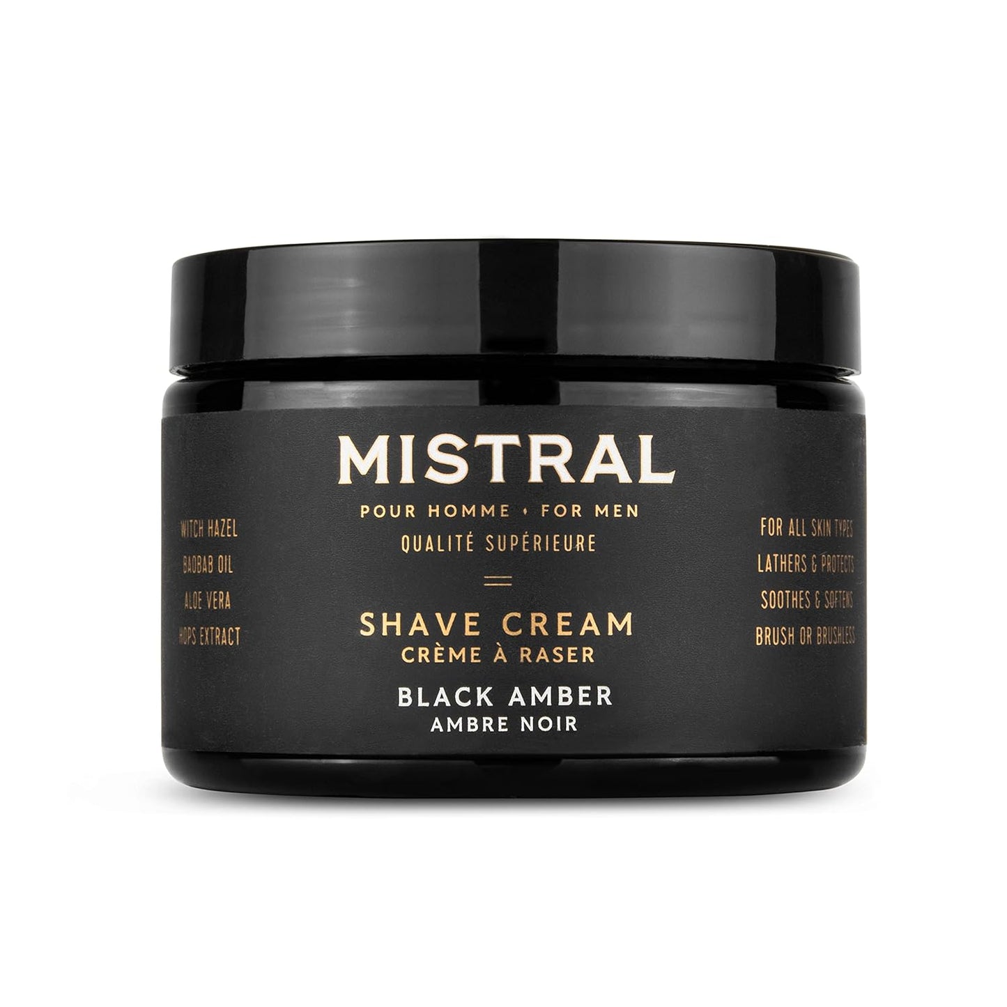 Mistral Black Amber Shaving Cream for Men | Smooth Triple Layered Foam | Men’s Shave Cream with Organic Plant Extracts | pH-balanced, Phthalates & Paraben-Free | Made in USA. 9oz Tub
