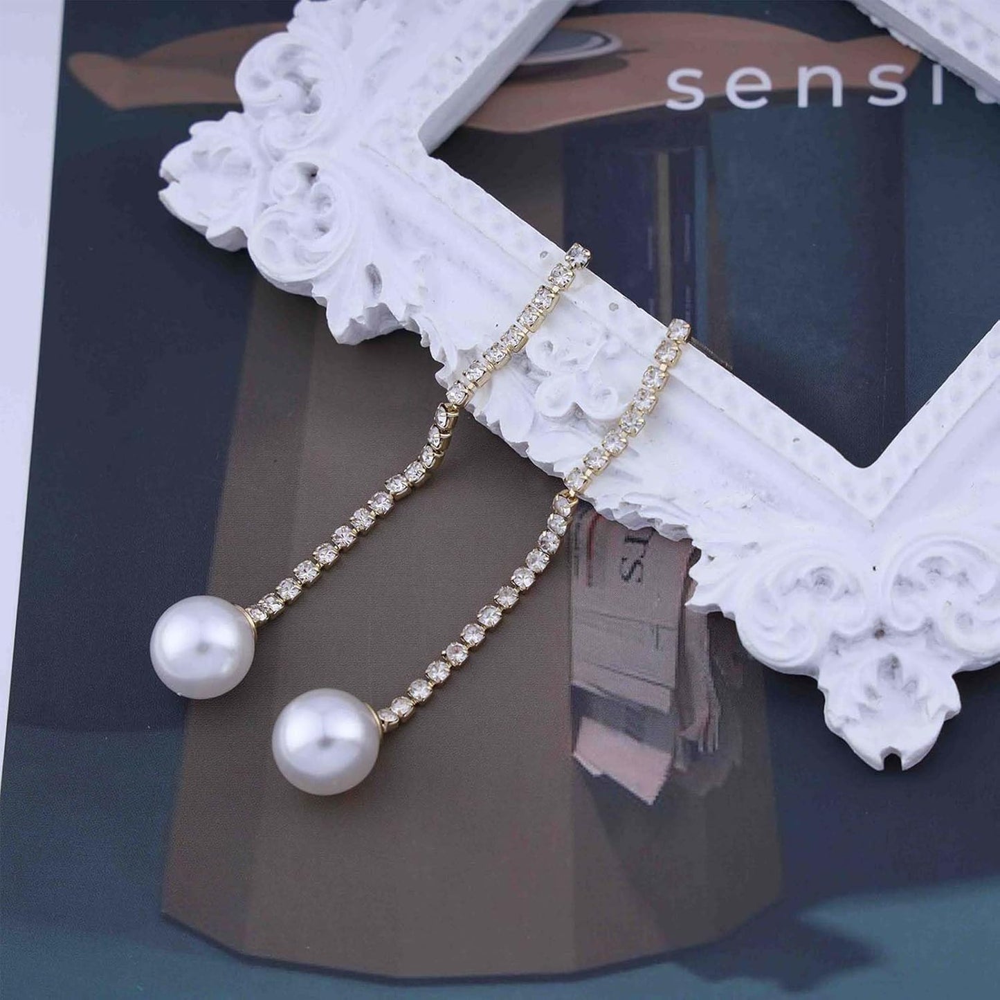 Vintage Rhinestone Pearl Drop Earrings Gold Long Tassel Pearl Earrings Linear Crystal Chain Earrings Cz Rhinestone Tennis Earrings Jewelry for Women