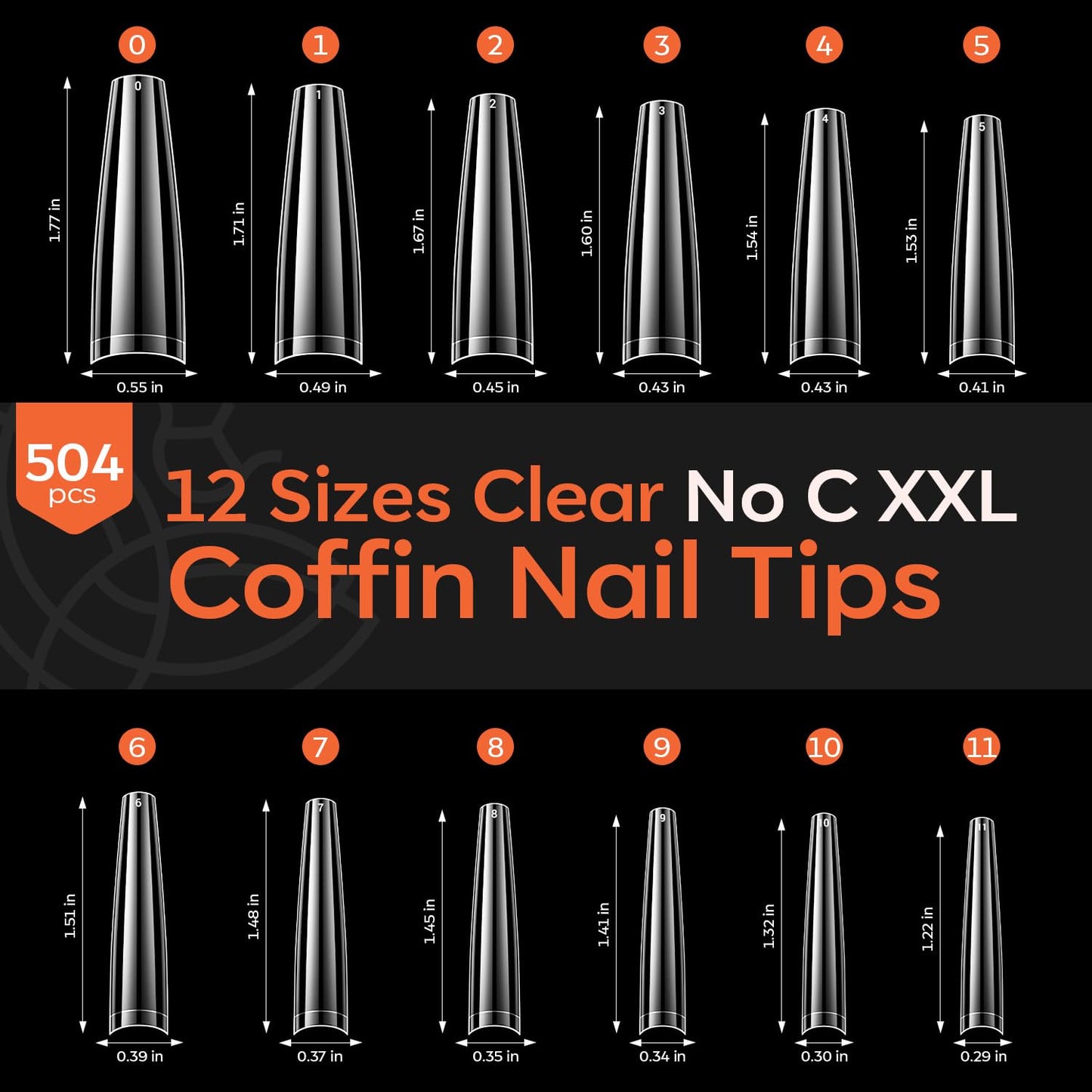 modelones XXL Long Coffin French Nail Tips, 504 PCS No C Curve Half Cover Clear Acrylic Fake Nails Tips Gel Pre-shaped 12 Sizes with Box