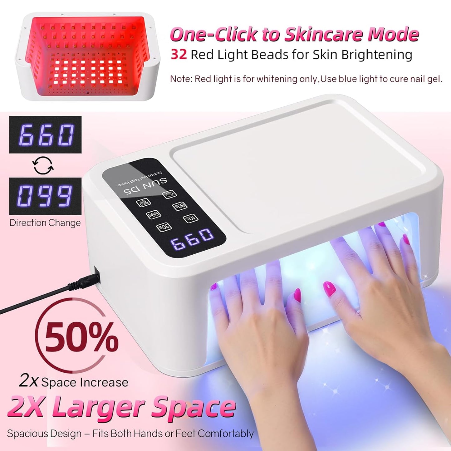 UV LED Nail Lamp, UV Light for Gel Nails with 140 LED Beads, Fast Curing Professional Nail Dryer, Two-Hand Design, Red Light Skincare, Auto Sensor, LCD Display, 4 Timers for Fingernails & Toenails