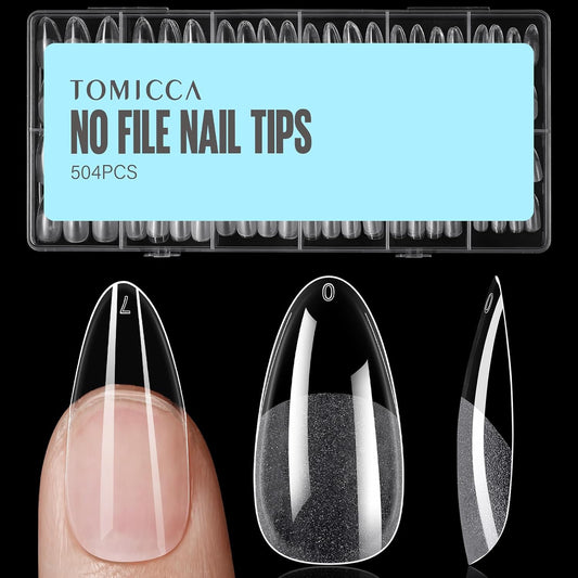 TOMICCA Medium Almond Nail Tips, 504Pcs Soft Acrylic Pre Etched Clear Fake Nails Tips Almond Shape Half Matte, Full Cover Nail Extension for Beginner and Professional 12 Sizes