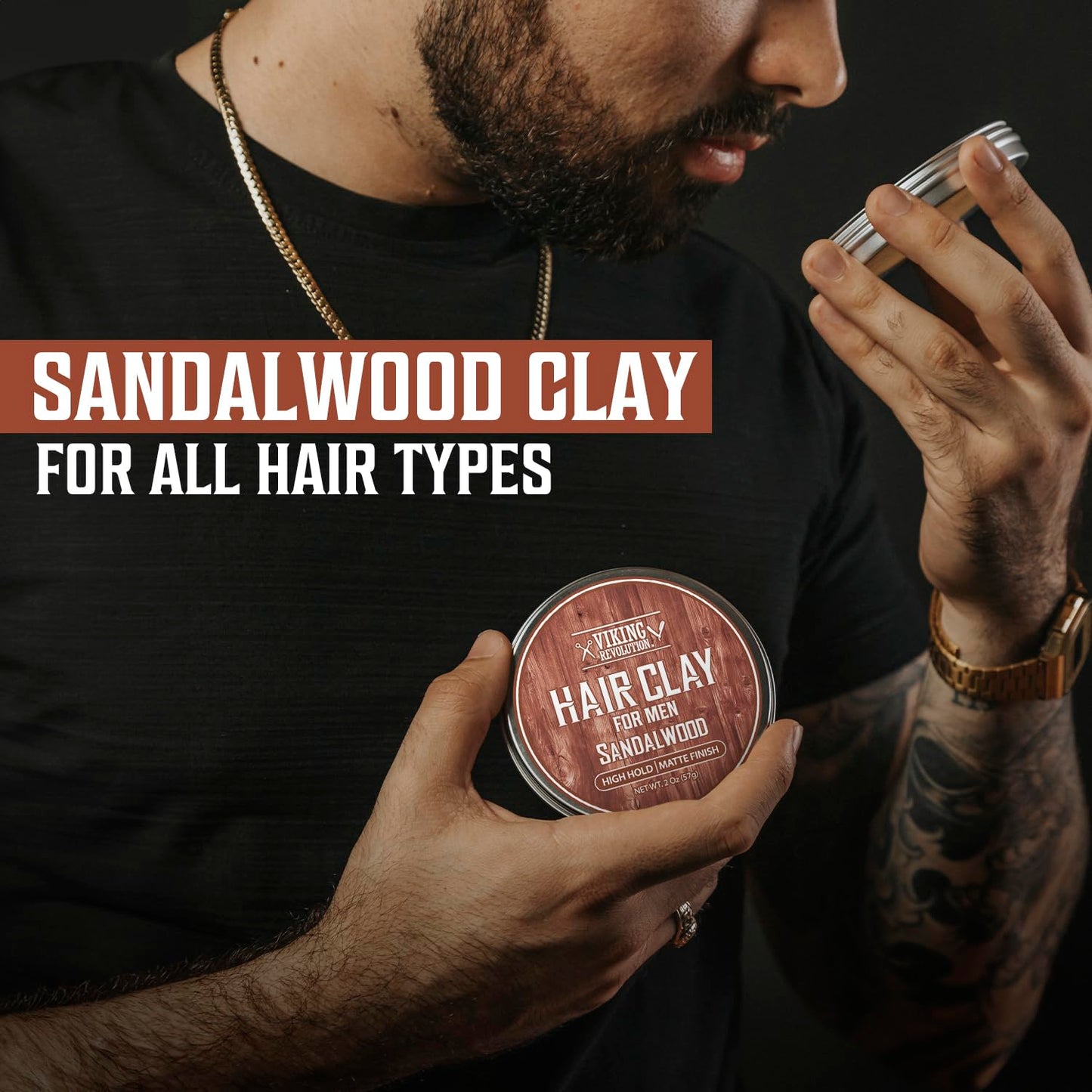 Viking Revolution Sandalwood Hair Clay – Strong Hold & Matte Finish, Texturizing Hair Clay for Men – Beeswax, Jojoba Wax & Vitamin E – Effortless Styling with Sandalwood Scent (2 pack, 2oz each)