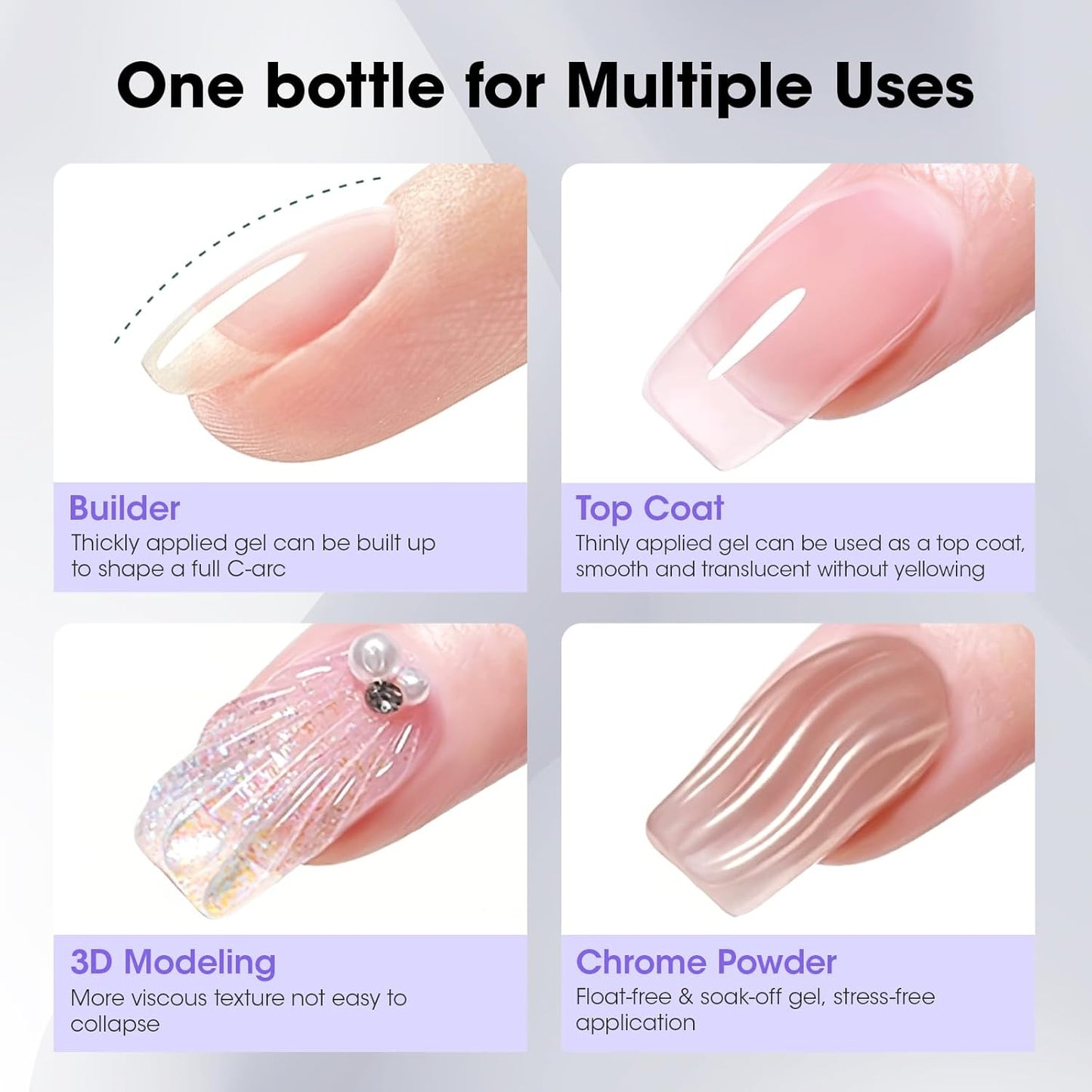 GELLEN 4 in 1 Builder Nail Gel & Gel Top Coat in a Bottle, 20ml Amethyst Builder Top Coat for Apex Building, 3D Nail Arts and Chrome Nails