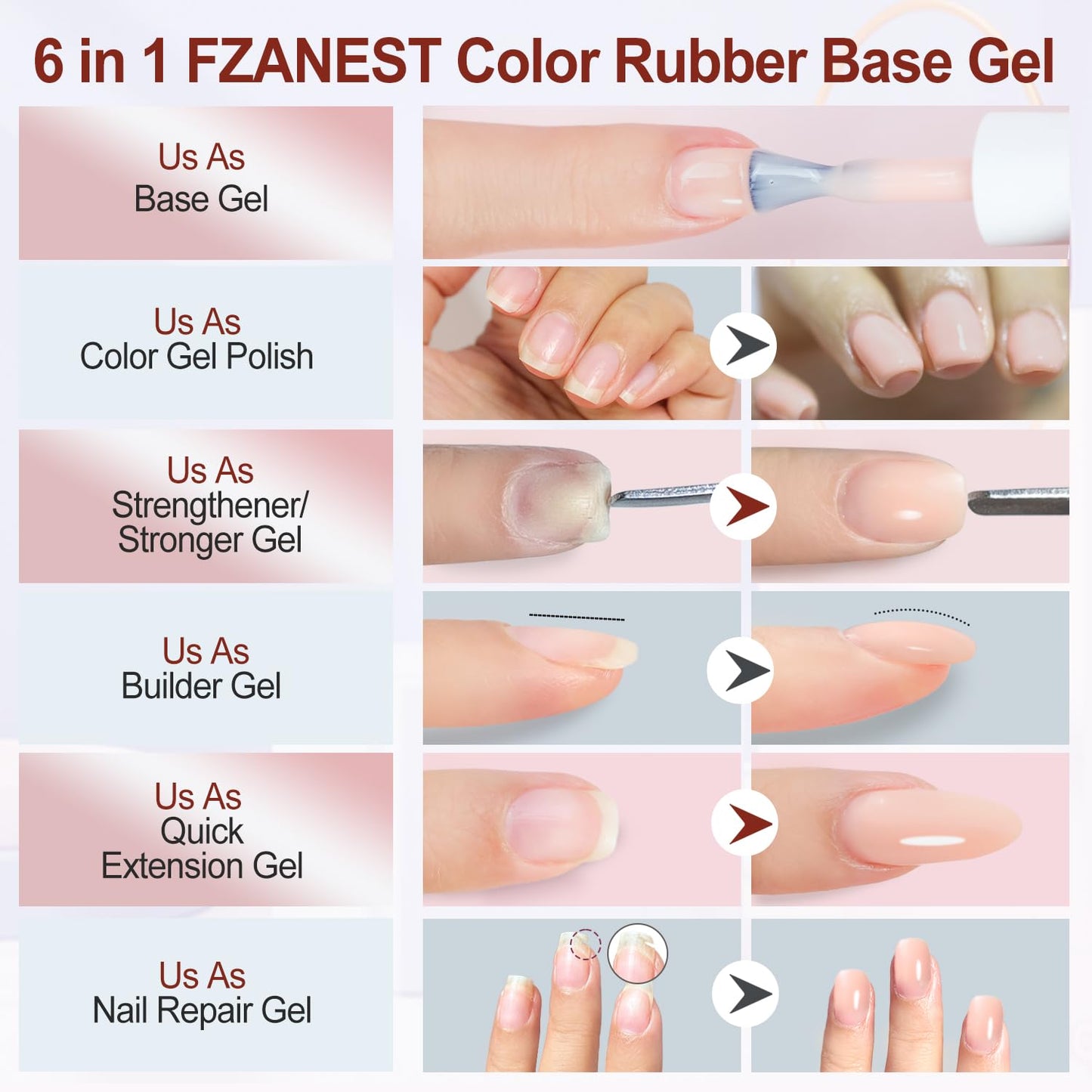 FZANEST Rubber Base Builder Gel Nail 15ml Jelly Natrual Nude Pink Color Gel Polish Nail Strengthener Self-leveling Extension Soak Off UV LED