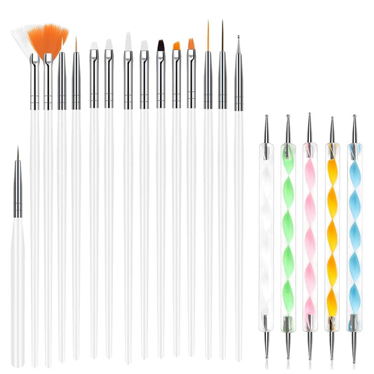 20Pcs Nail Art Brushes Tool Set, Nail Art Double-End Tools, Nail Liner Brushes, Silicone Pen Dotting Pen Tools Nail Art Kit for Home Nail Art DIY Salon Use-White