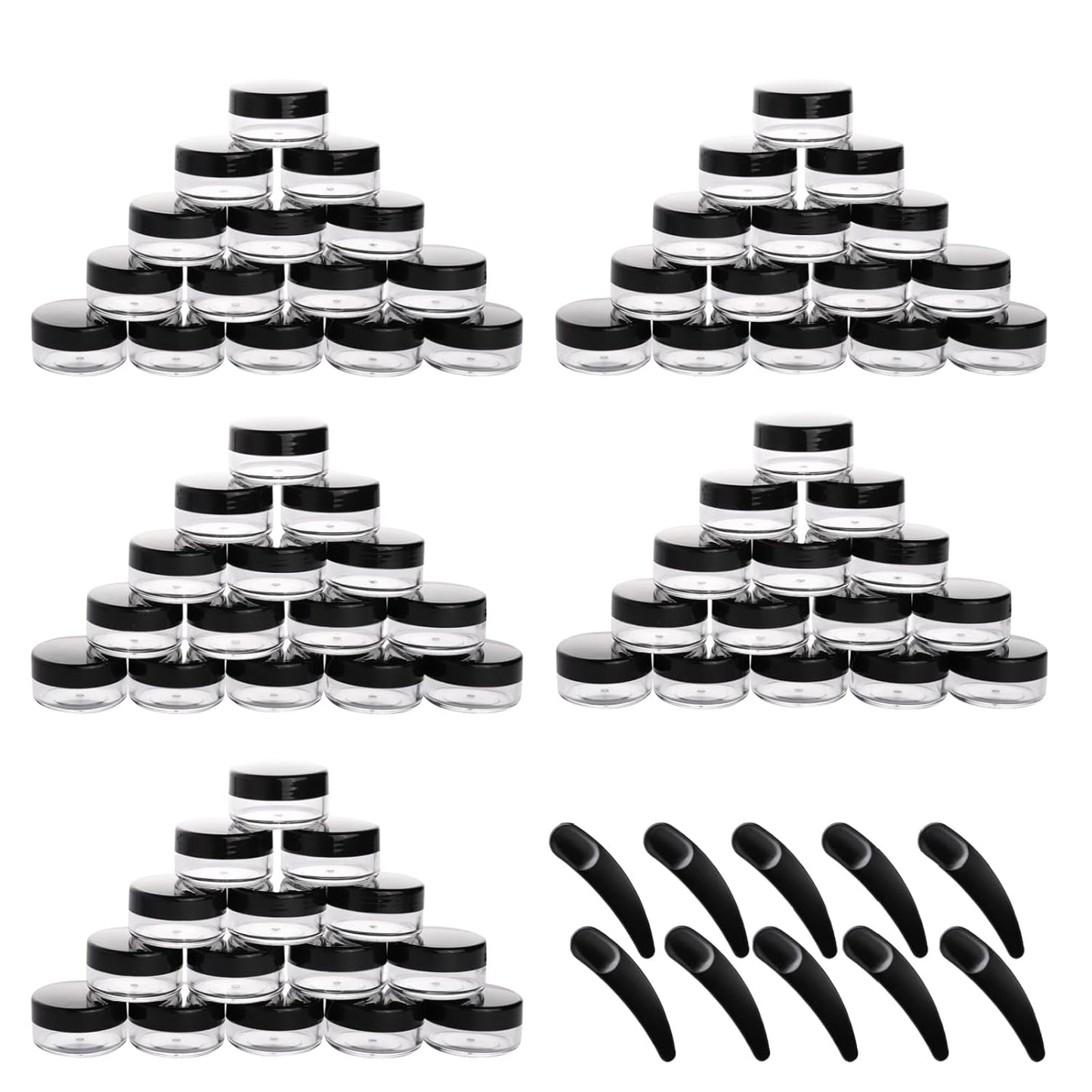 Refillable Cosmetic Sample Jars - 100 Pack 10g (0.35oz) Black Small Travel Containers with Lids + 10 Mini Makeup Spatulas - BPA Free