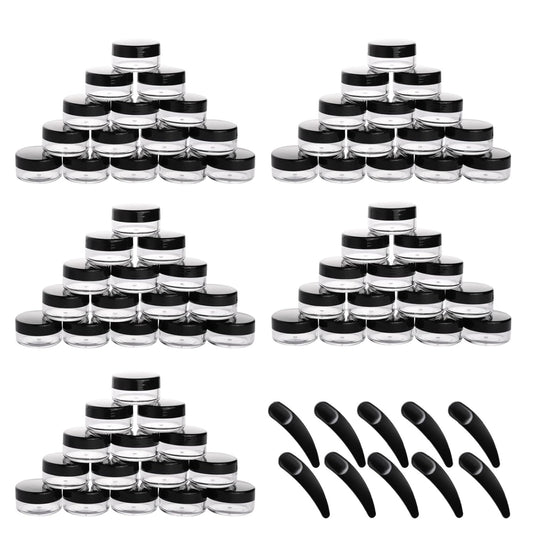 Refillable Cosmetic Sample Jars - 100 Pack 10g (0.35oz) Black Small Travel Containers with Lids + 10 Mini Makeup Spatulas - BPA Free