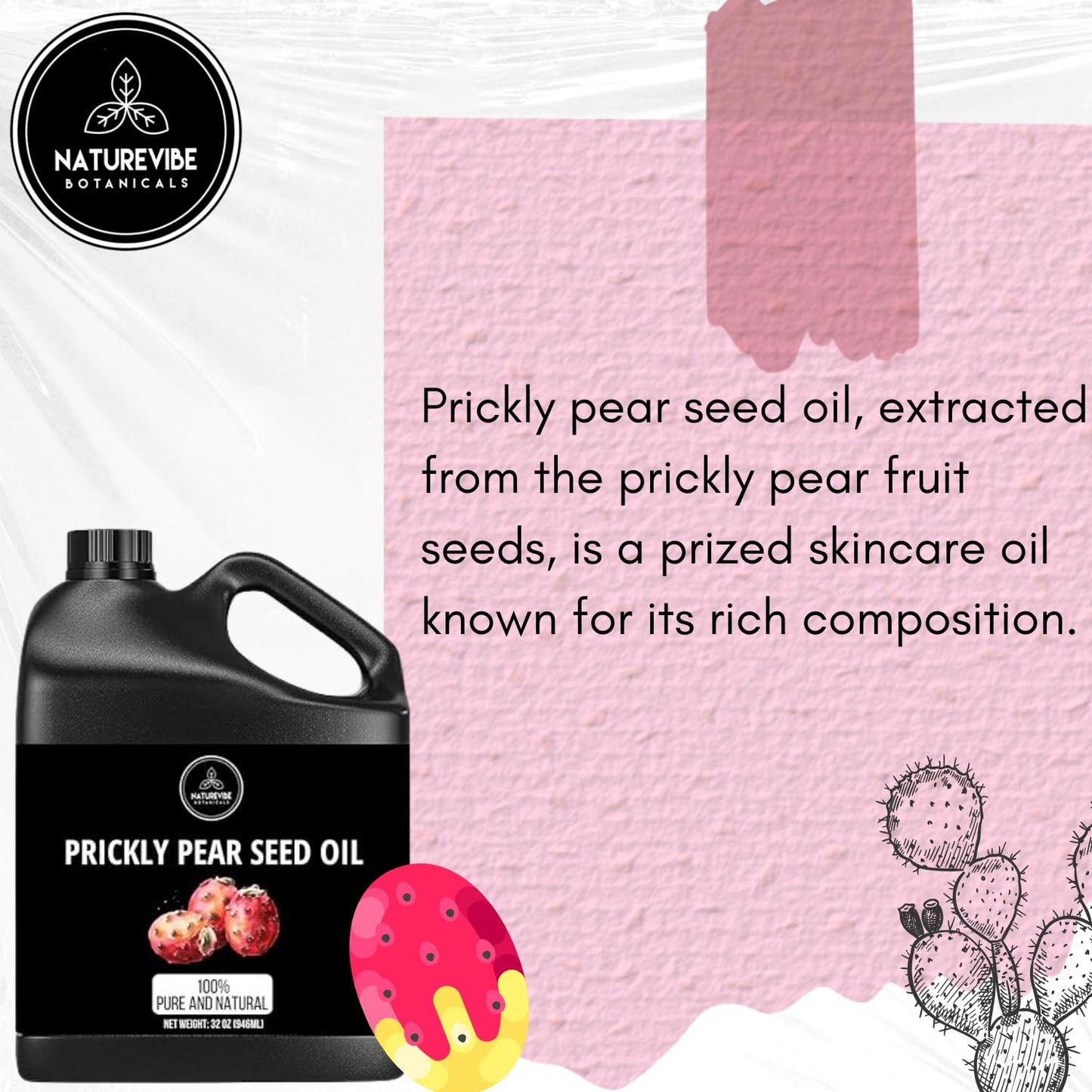 Naturevibe Botanicals Prickly Pear Oil 32 Ounces | 100% Pure and Natural | Great for Skin Care and Hair Care