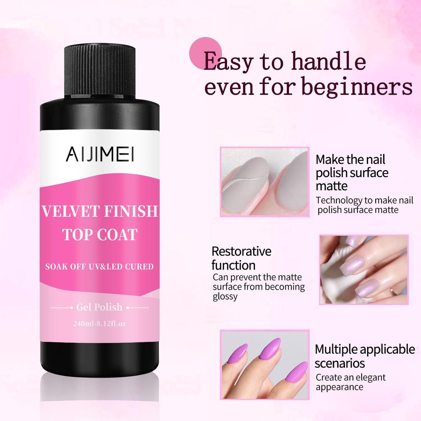 AIJIMEI Velvet Finish Top Coat 8 Fl.Oz Luxurious Matte Effect, Quick Dry, Easy Application, Suitable for All Nail Types, Professional Quality Gel Nail Polish for Home Use