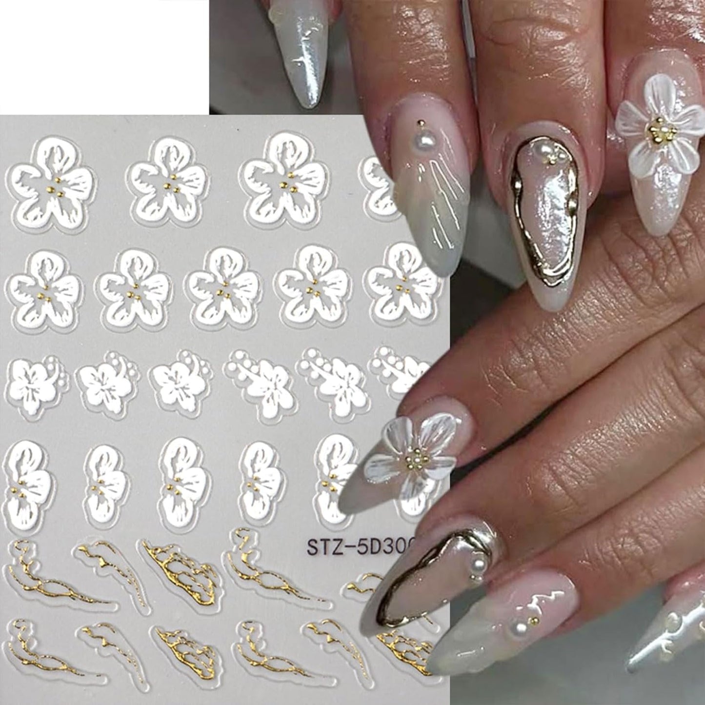 4 Sheets Flower Nail Stickers for Nail Art 5D Self Adhesive Spring Nail Art Stickers White Pink Flower Nail Decals Spring Nail Supplies Design for DIY Acrylic Nails for Women Girls