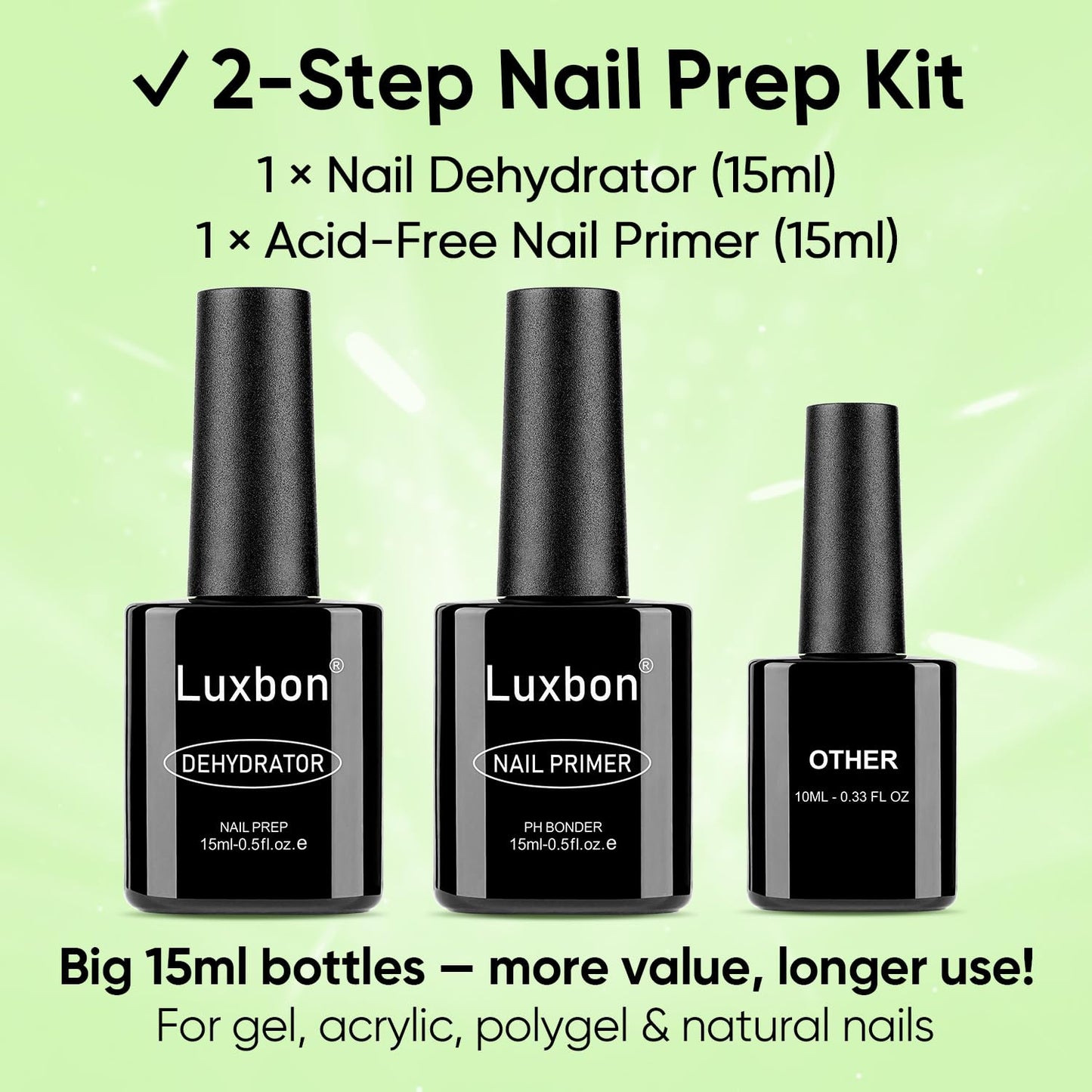 Luxbon 4 Pcs 15ml No Wipe Gel Top Coat and Base Coat Nail Primer Dehydrator Set - Long Lasting, Shine Finish, UV LED Nail Lamp Soak Off Gel Base Top Coat Manicure