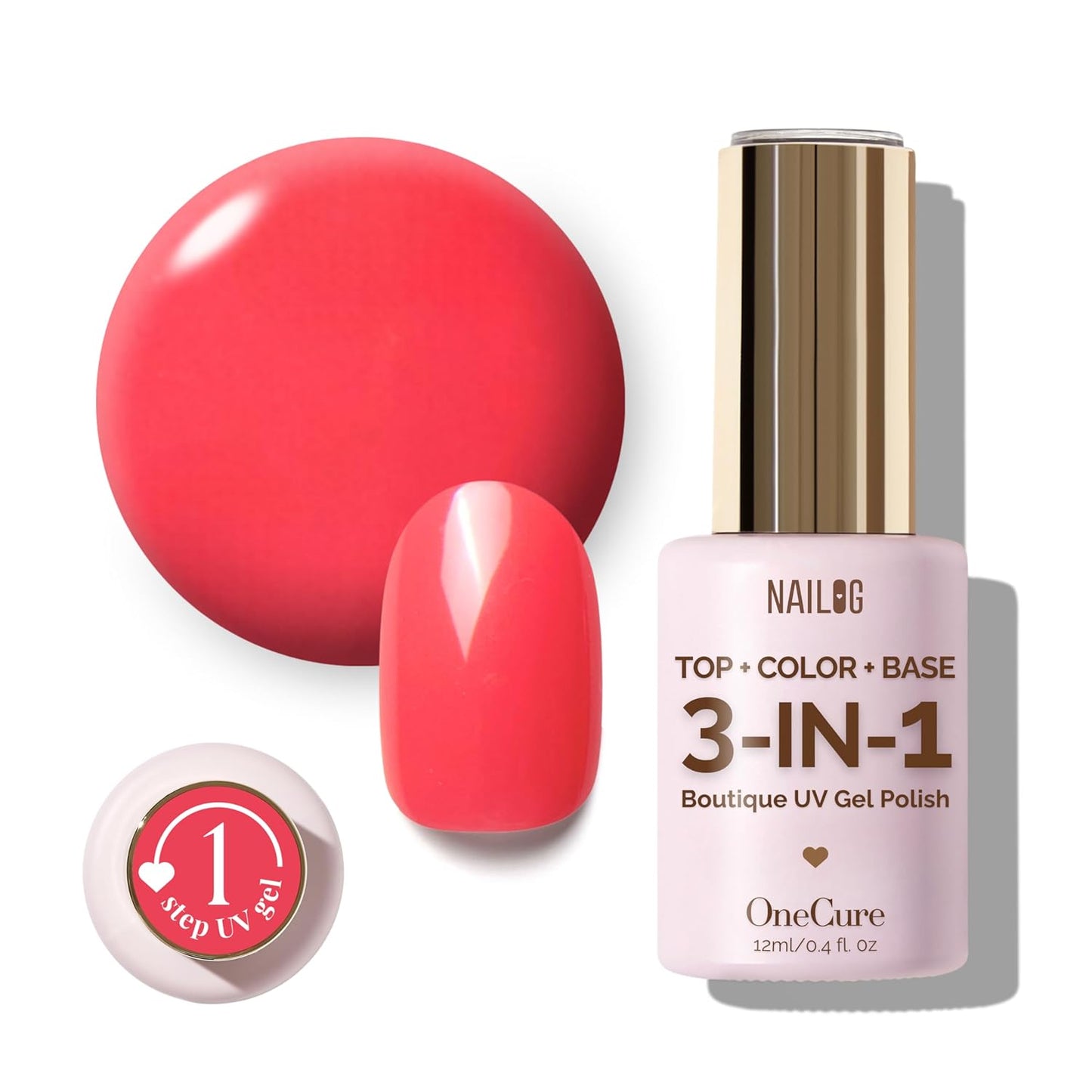 NAILOG One Step Gel Nail Polish 12ml Top Coat Color Gel Base 3-In-1 Formula Soak Off UV Gel Polish for Home DIY & Gifting | Peach Red