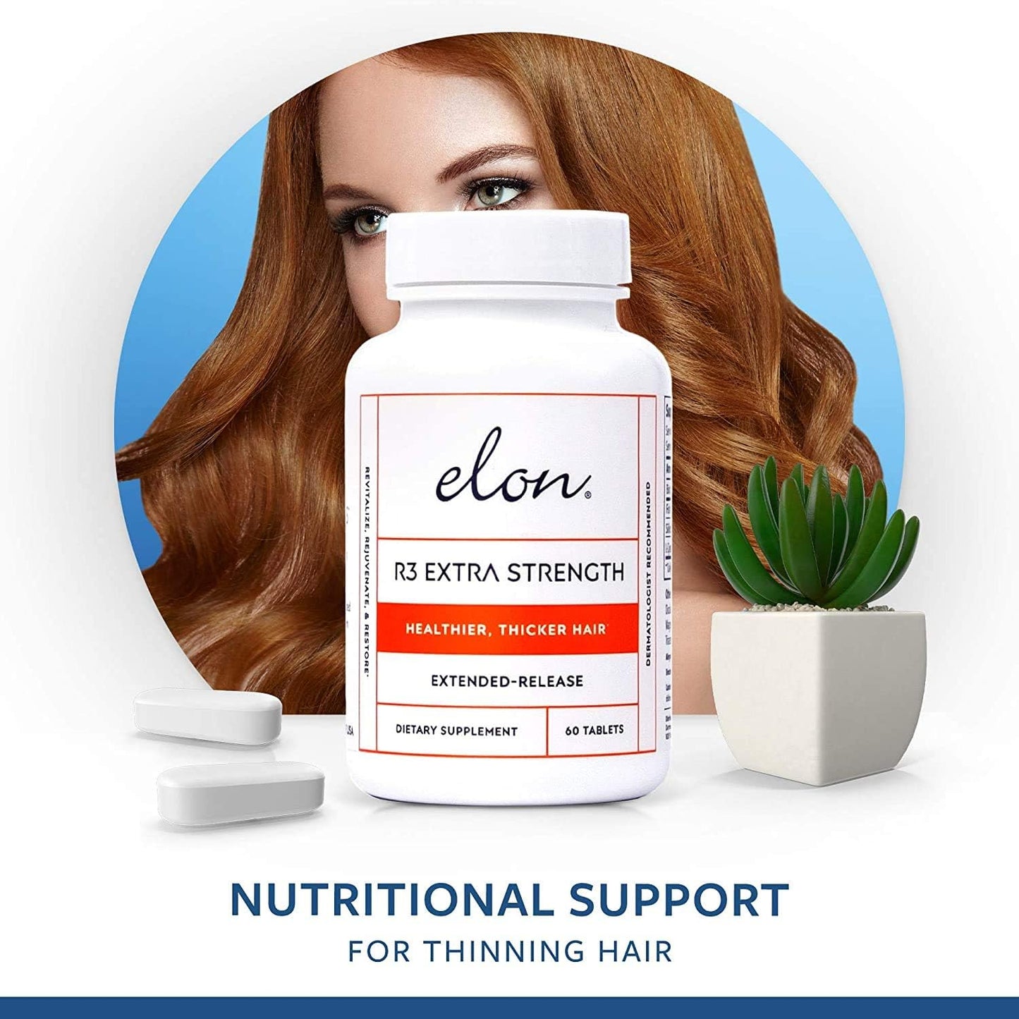 Elon R3 Extra Strength for Hair Growth - Supplements for Women to Grow Thicker, Fuller Hair, Advanced Formula with 5000 mcg Biotin Per Serving & Collagen, 60 Count (Pack of 3)