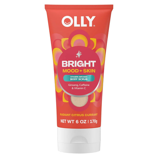 OLLY Bright Body Scrub with Ginseng, Caffeine & Vitamin C– Nourishing Cleanser for Skin Exfoliation, SkinBarrier Repair, Citrus Currant Scent, 6 oz