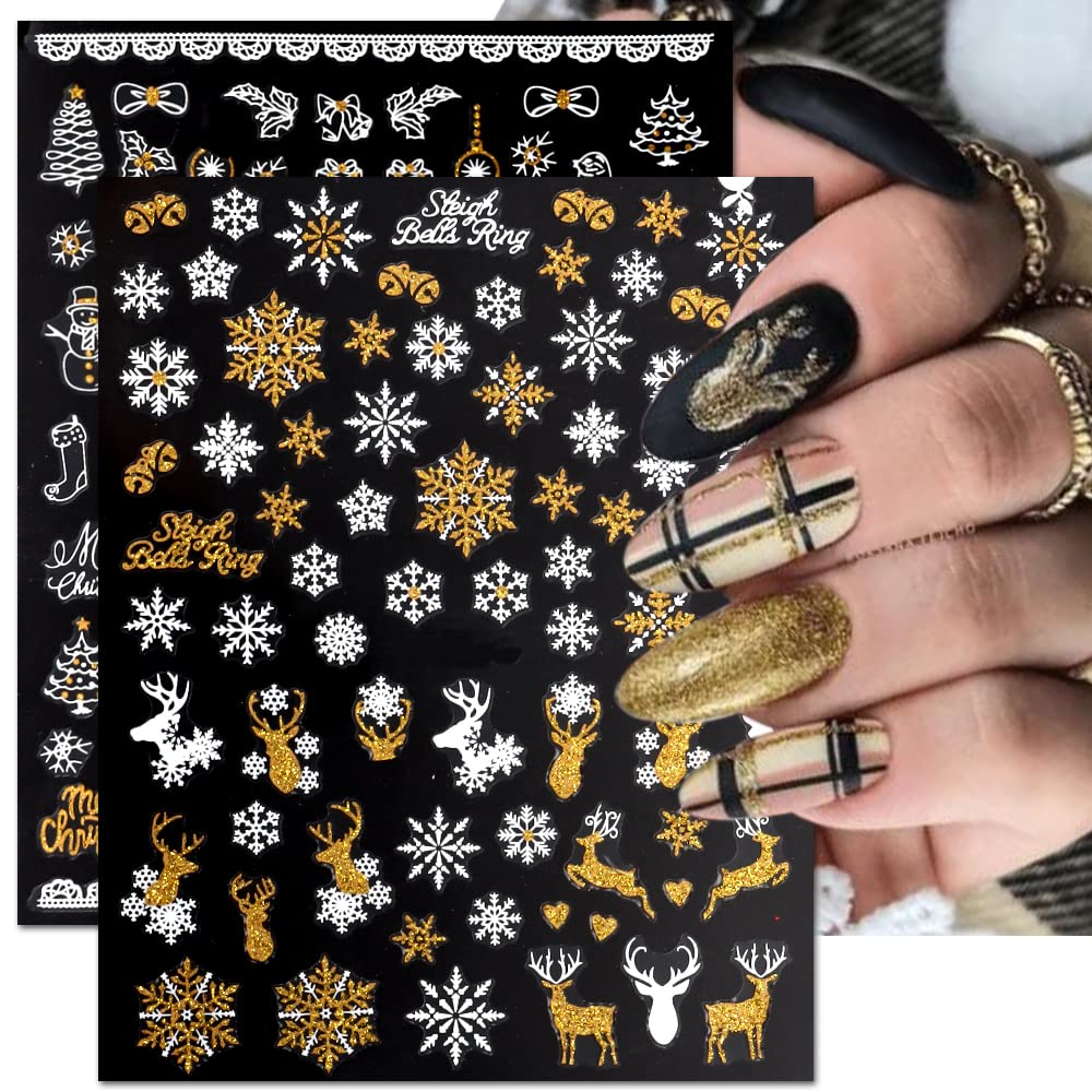 JMEOWIO 9 Sheets Christmas Nail Art Stickers Decals Self-Adhesive Pegatinas Uñas Bling Snowflake Snowman Holiday White Gold Nail Supplies Nail Art Design Decoration Accessories