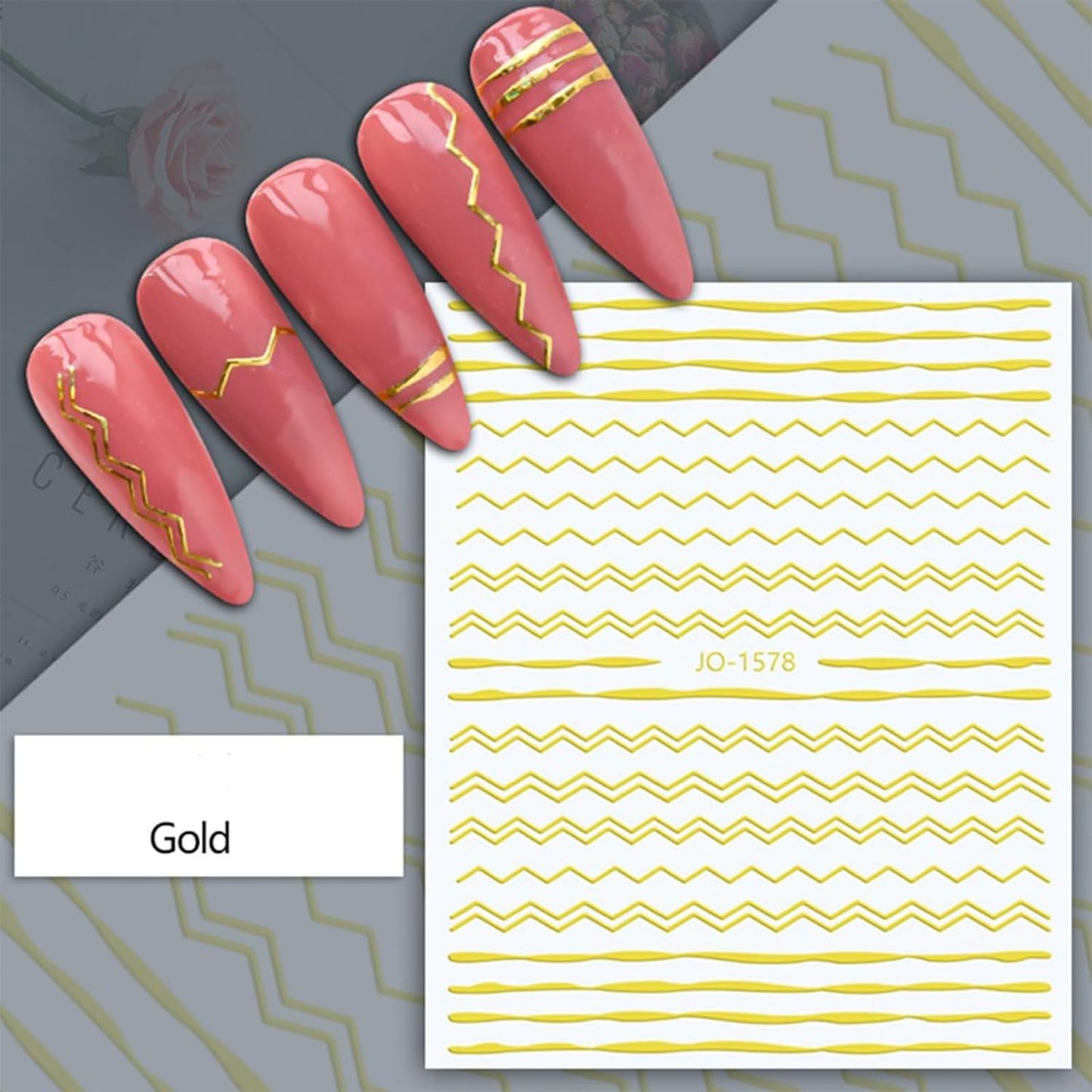 12 Sheets Gold Nail Stickers, 3D Self-Adhesive Metal Geometric Stripe Wave Nail Sticker, Gold Nail Art Designs, Style-c