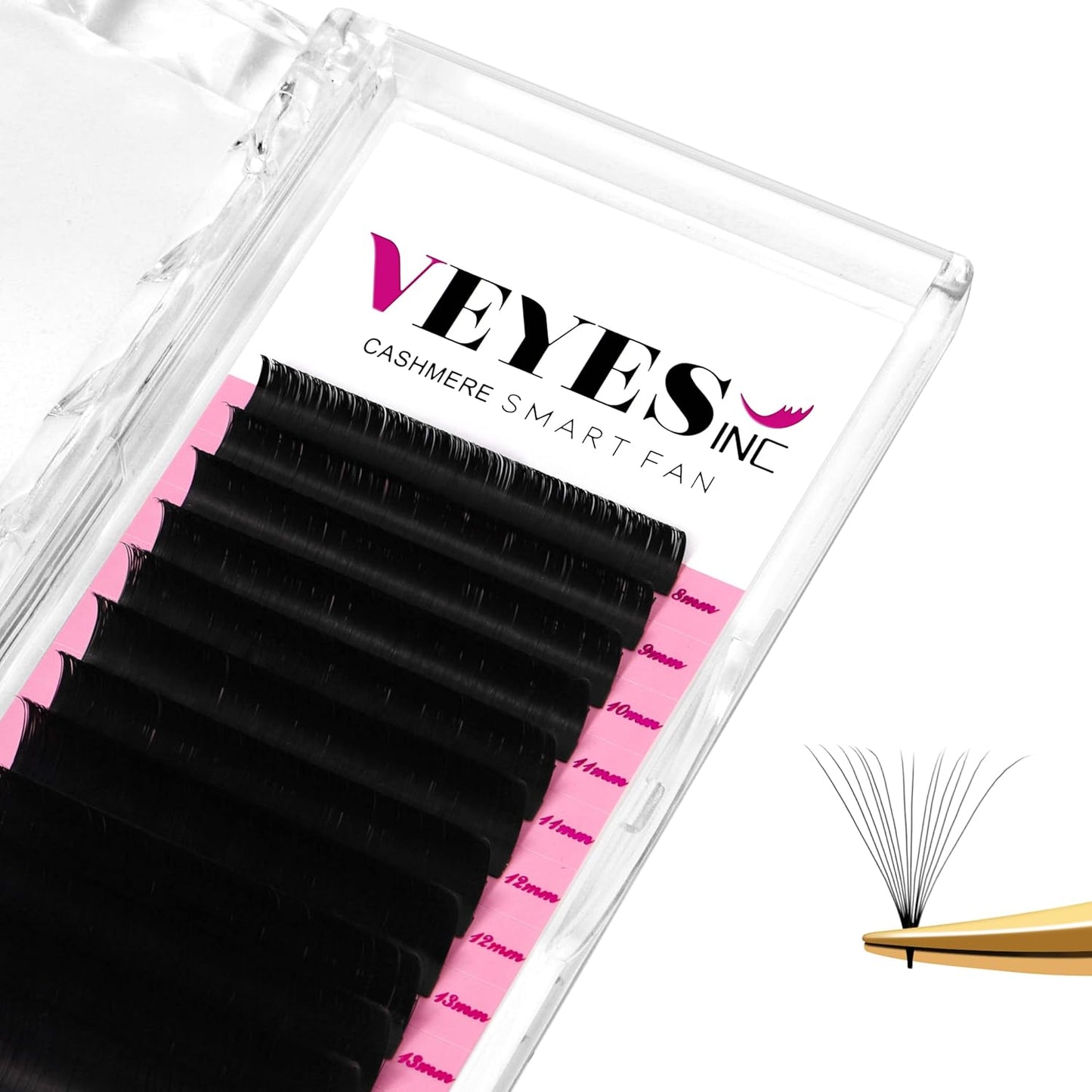 VEYES INC Cashmere Smart Fan Lash Extensions 0.03 0.05 0.07 C/CC/D Curl 8-20mm Mixed & Single Length, Super Matte Black Volume Lashes, Professional Supplies for Lash Techs (0.07 C 8-16mm)