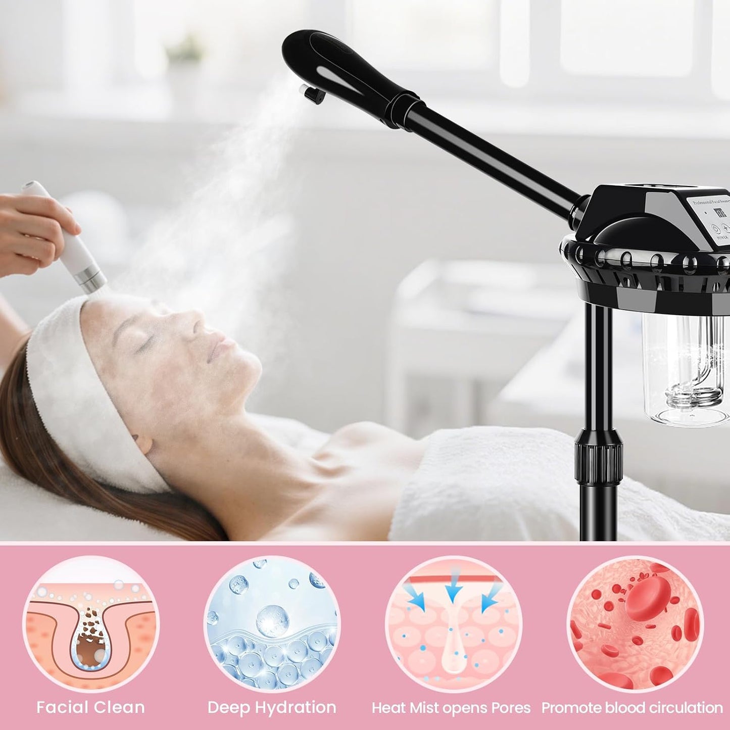 Professional Facial Steamer, Facial Steamer on Wheels with More Steam, Adjustable Height and Angle, Face Steamer for Deep Cleansing and Hydration, Estheticians Steamer for Beauty, Spa and Home Use