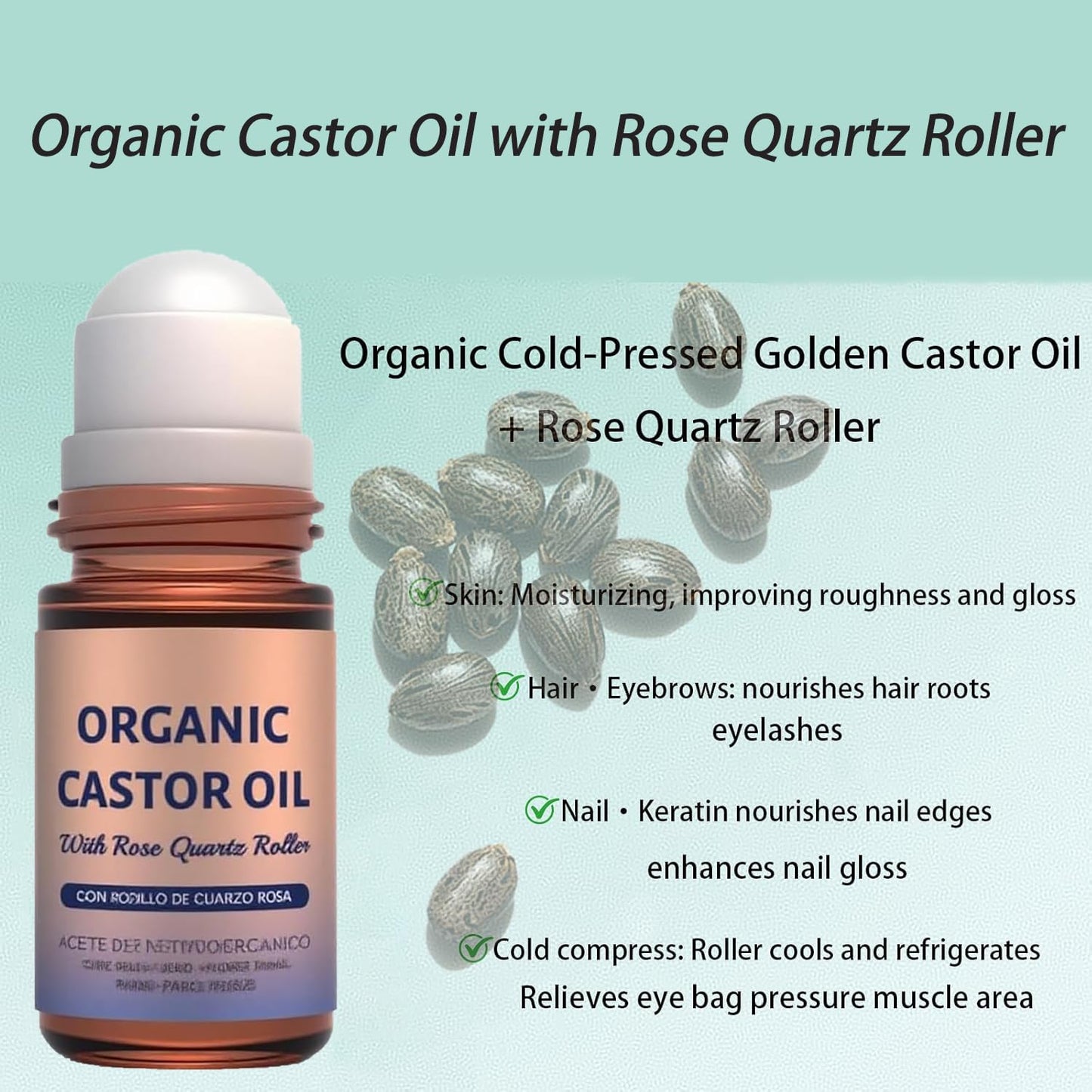 Organic Castor Oil Roll-On with Rose Quartz Roller, 1.7 fl oz – 100% Pure & Cold-Pressed, Hexane-Free, Extra Virgin Golden Oil for Skin, Brows, Lashes & Mess-Free Castor Packs