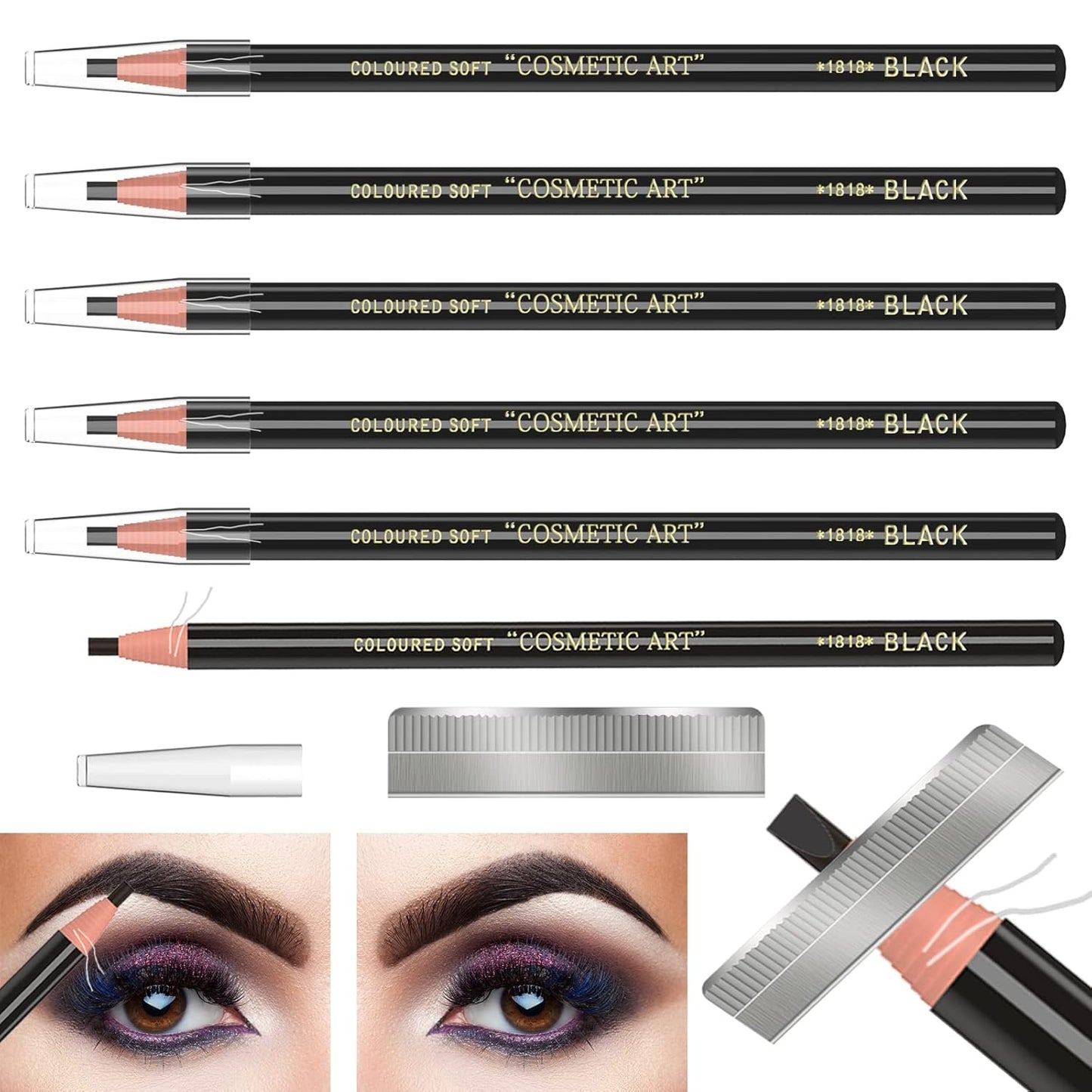 Waterproof Eyebrows Pencil Tattoo Makeup And Microblading Supplies Kit-Permanent Eye Brow Liners In 5 Colors Waterproof Eyebrow Pencils Peel - Brow Pencil Set For Marking (6 Black)
