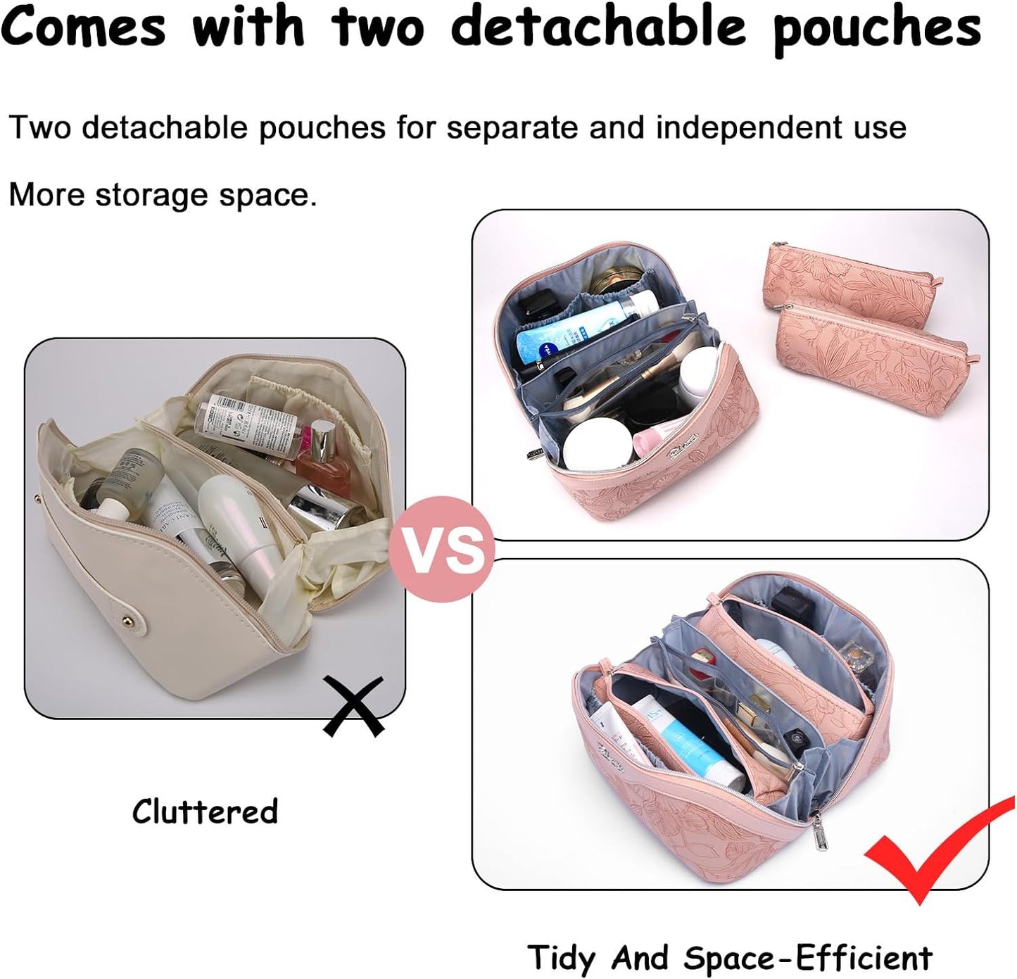 BOYATU Travel Makeup Bags Cosmetic Organizer Bag: 3-Set Large Capacity Make up Bag - PU Leather Toiletry Bags for Women - Wide Open Portable Pouch with Divider & Handle (01-Z-Pink)