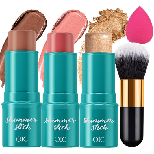 3Pcs Cream Contour Stick, with Highlighter Stick Milk Bronzer Stick Blush Stick, Face Contour Stick with Makeup Brush and Sponge, Easy to Sculpt the Face, Long Lasting, Waterproof