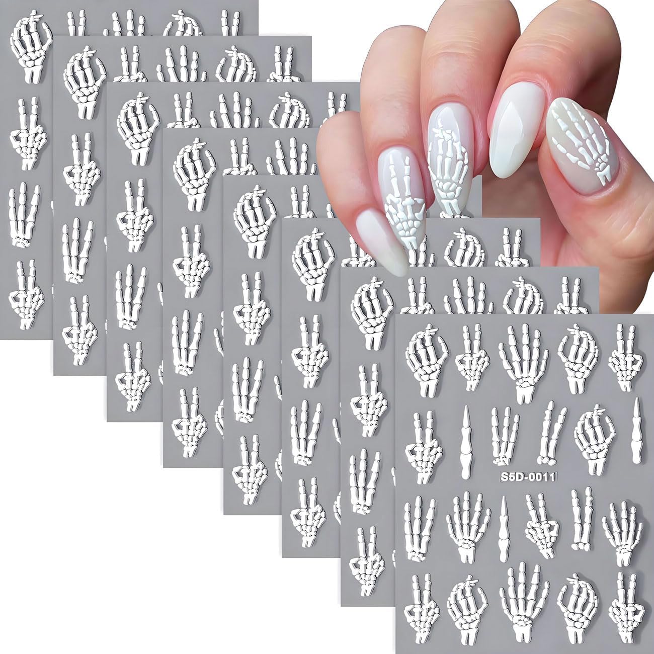 8 Sheets Halloween Nail Stickers 5D Embossed Skull Finger Nail Stickers Self-Adhesive Horror Skeleton Decals for Women